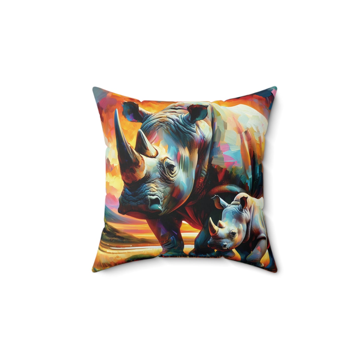 Rhino Throw Pillow - Rhinos at Sunset Expressionist Style Art on Faux Suede Square Pillow