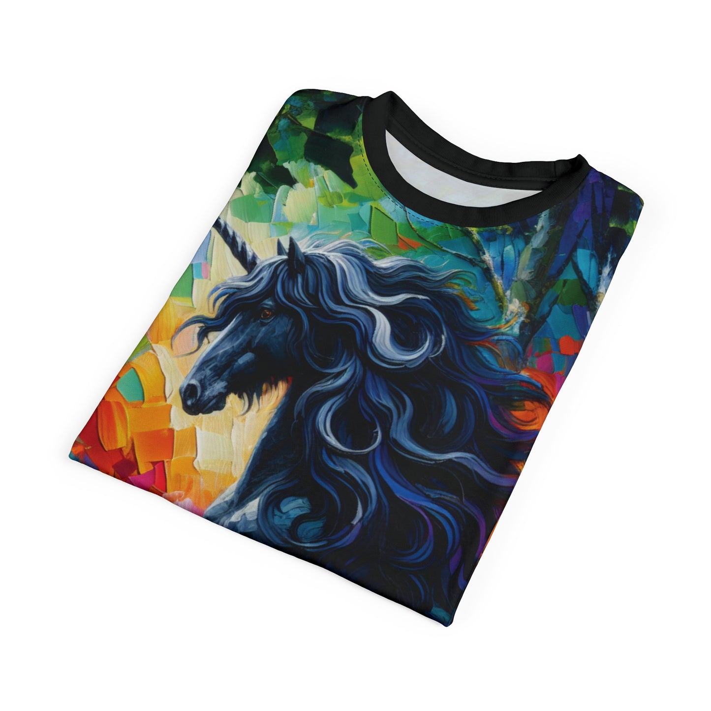 Elegant Black Stallion Unicorn Art Tee | Colorful Unisex Cut & Sew T-Shirt, Wildlife Apparel, Unique Graphic Tee
