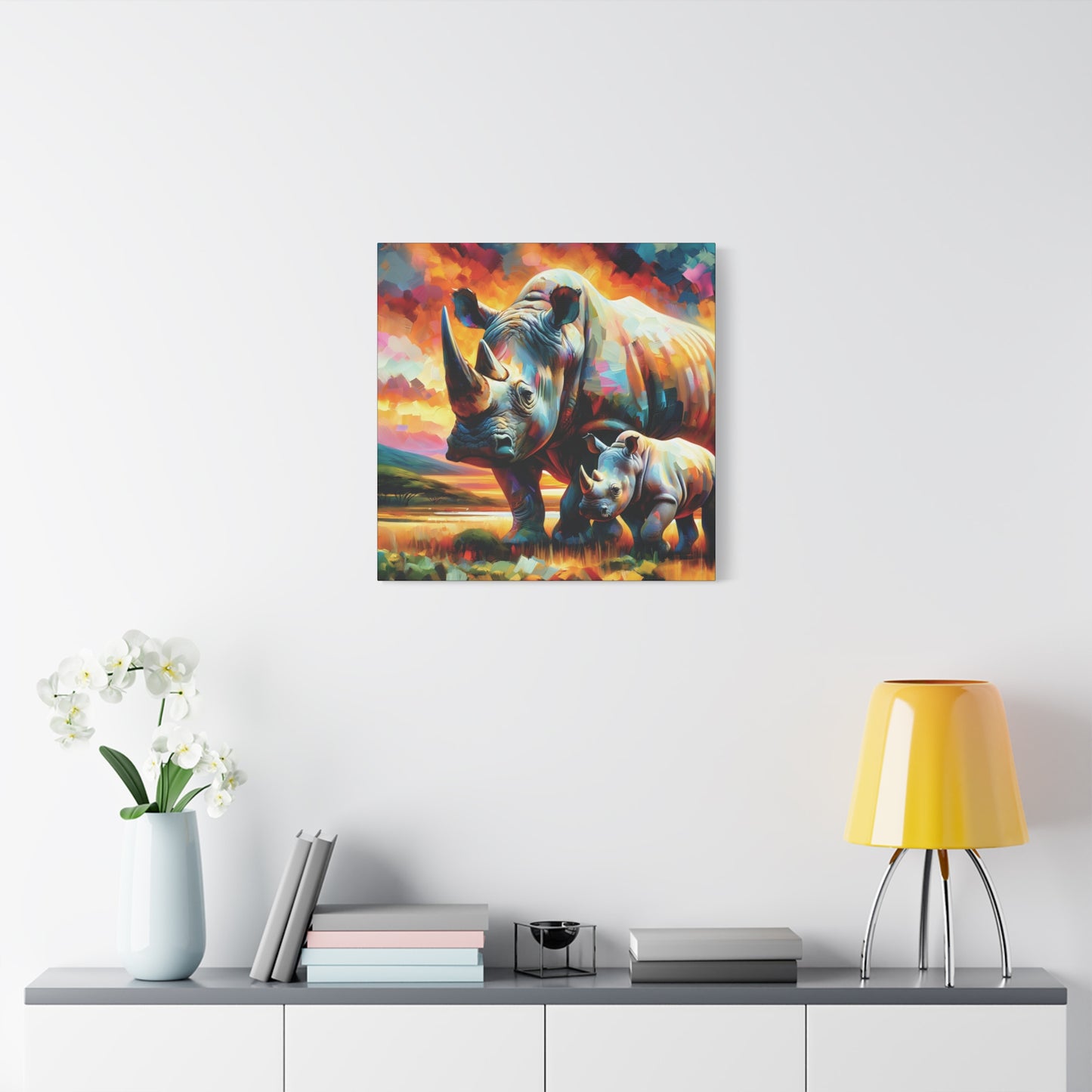 Rhinos at Sunset Expressionist Canvas Art Print