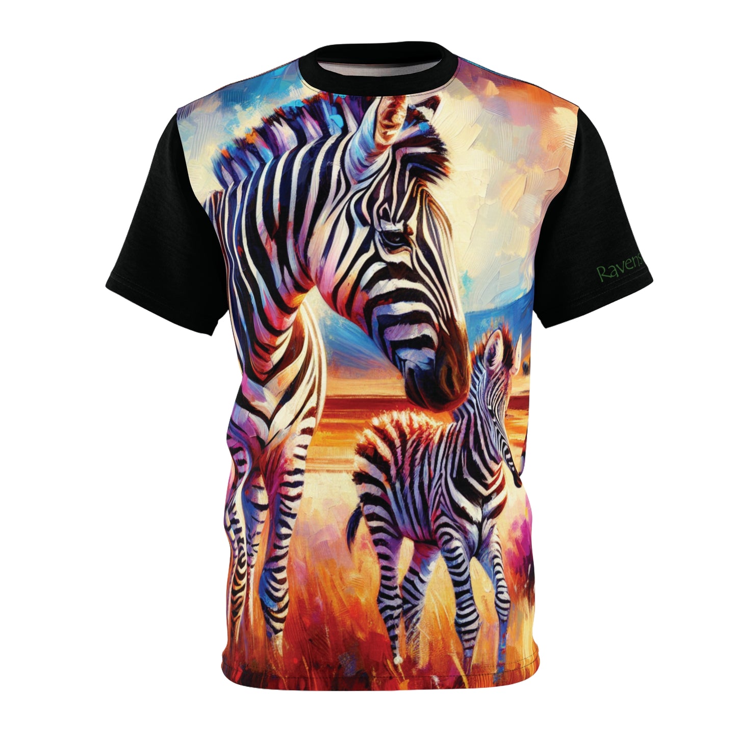 T-shirt with a colorful design of two zebras on a white background