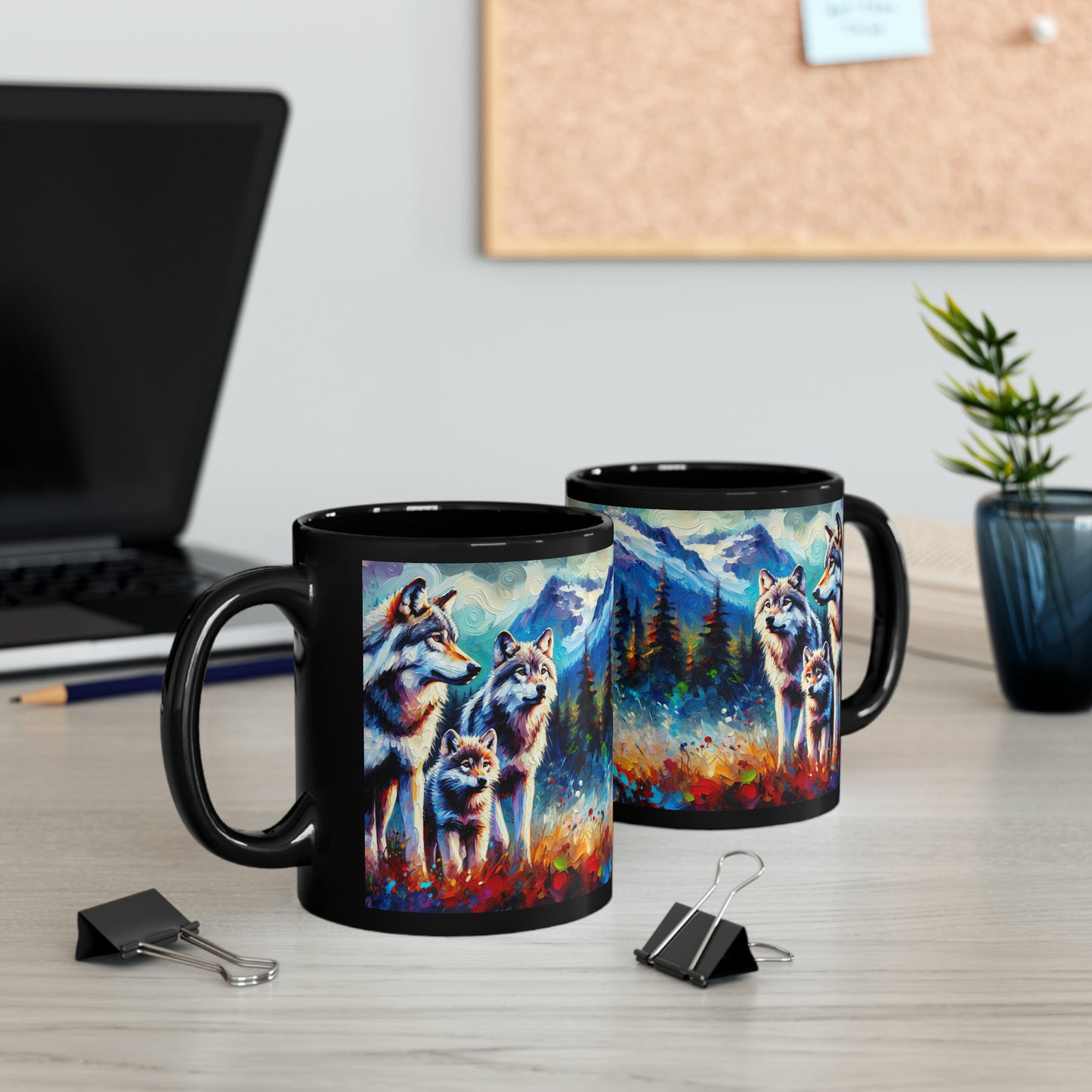Gray Wolf Family - Black Mugs (11oz, 15oz)