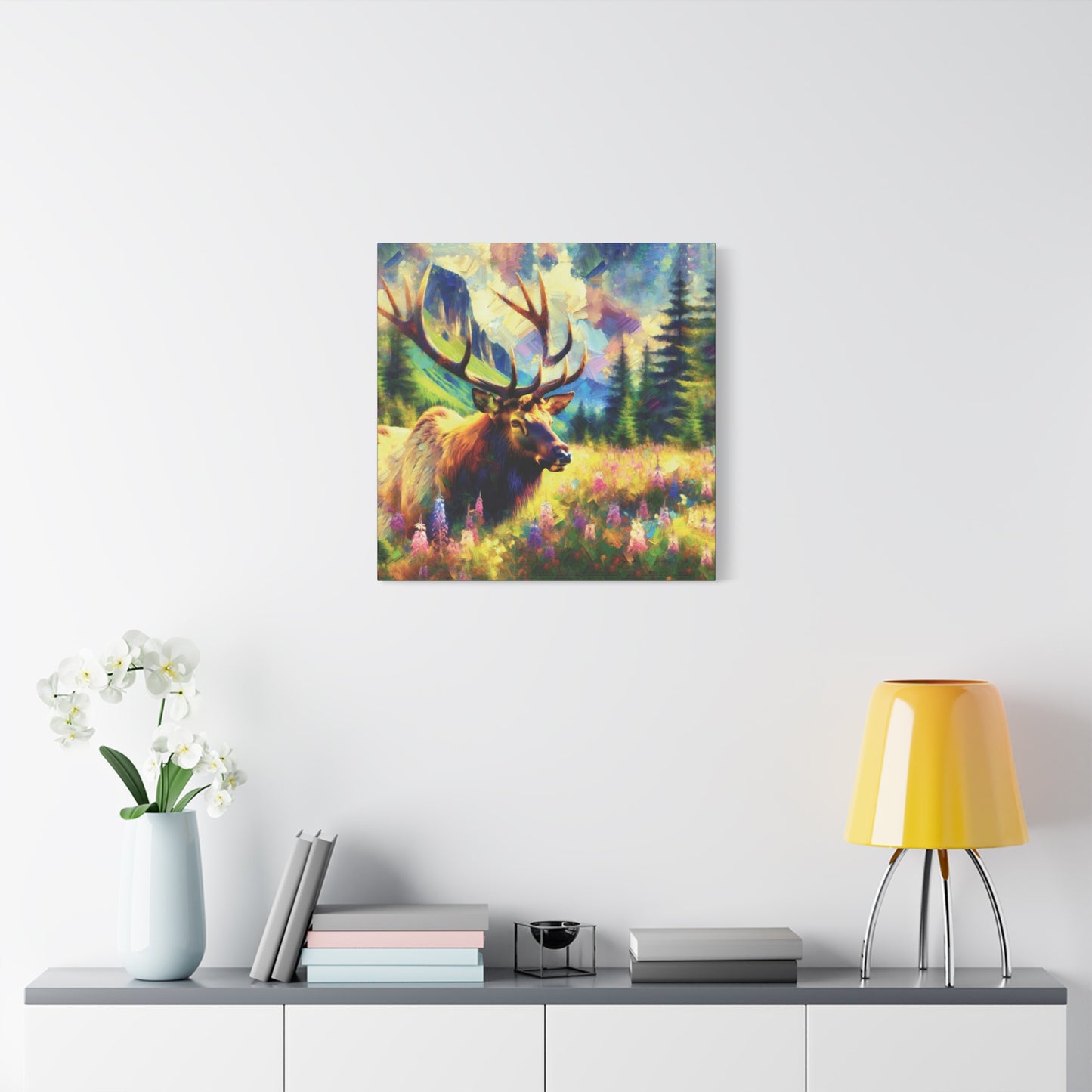 Bull Elk in Mountain Meadow Impressionist Canvas Art Print