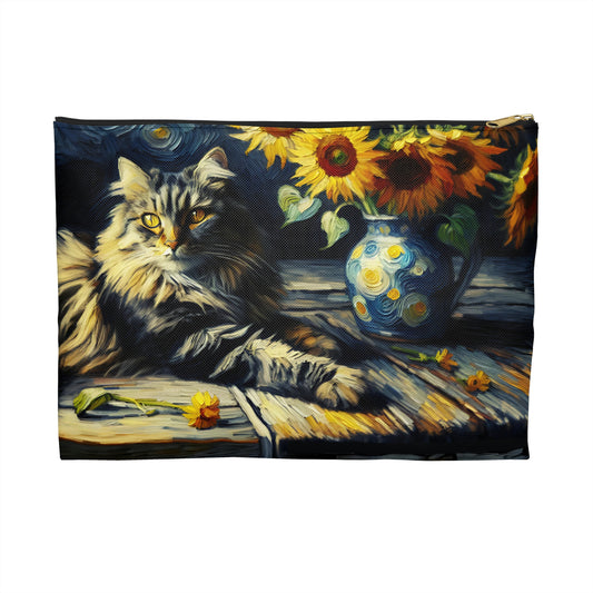 Cat Lover's Accessory Pouch, Grey Tabby Cat with Sunflowers, Cute Cat Makeup Bag, Pet-Themed Gift, Floral Storage Bag, Cat Mom Essential