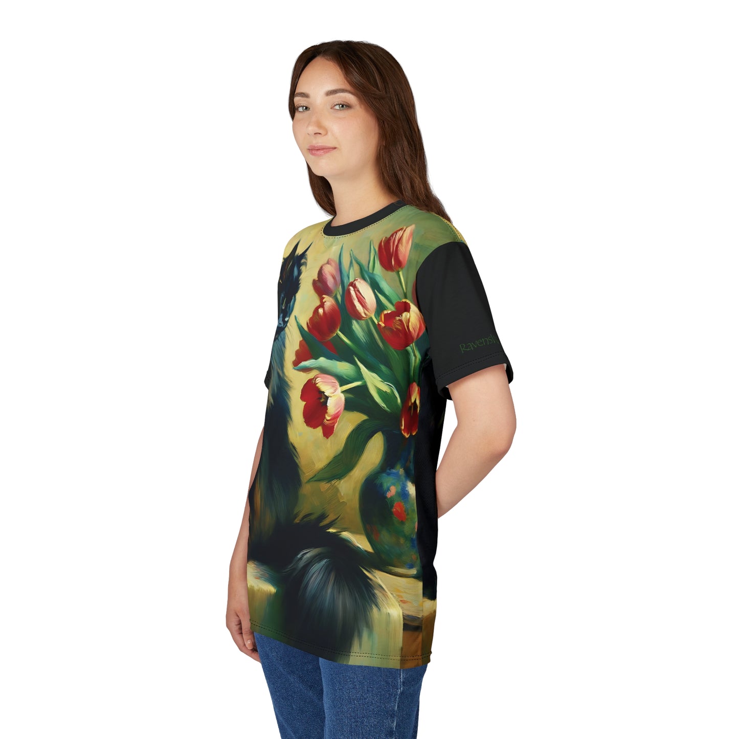 The Artist's Black Cat with Red Tulips Vibrant Art Tee | Colorful Unisex Cut & Sew T-Shirt, Wildlife Apparel, Unique Graphic Tee, Birthday Gift
