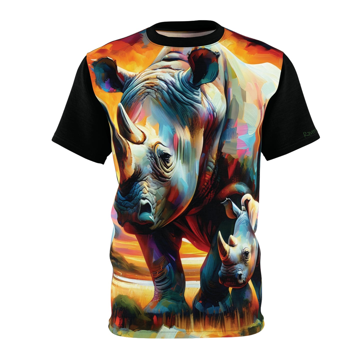 T-shirt with a colorful rhino design on a white background