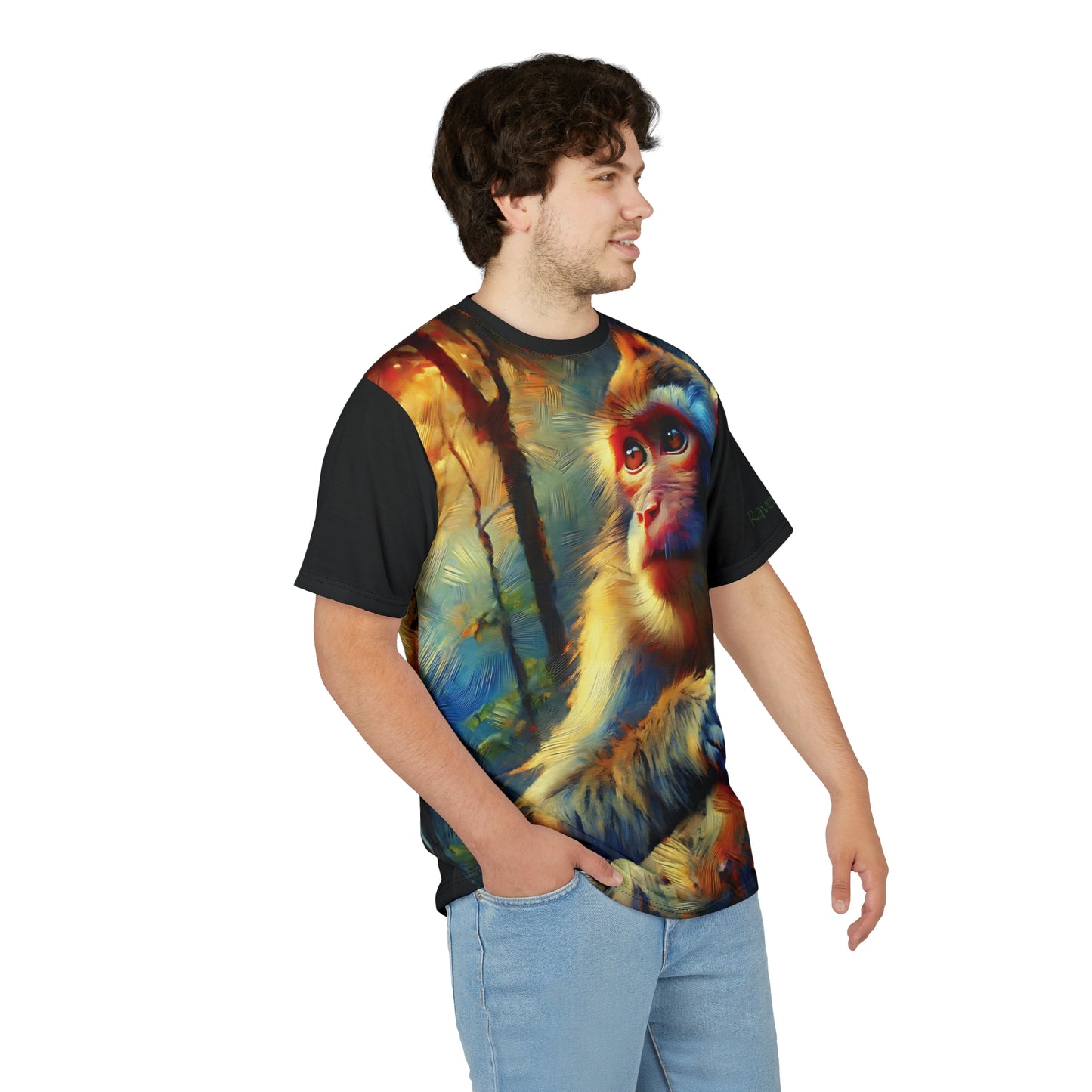 Monkey Vibrant Art Tee | Rhesus Macaque Colorful Unisex Cut & Sew T-Shirt, Wildlife Apparel, Unique Graphic Tee
