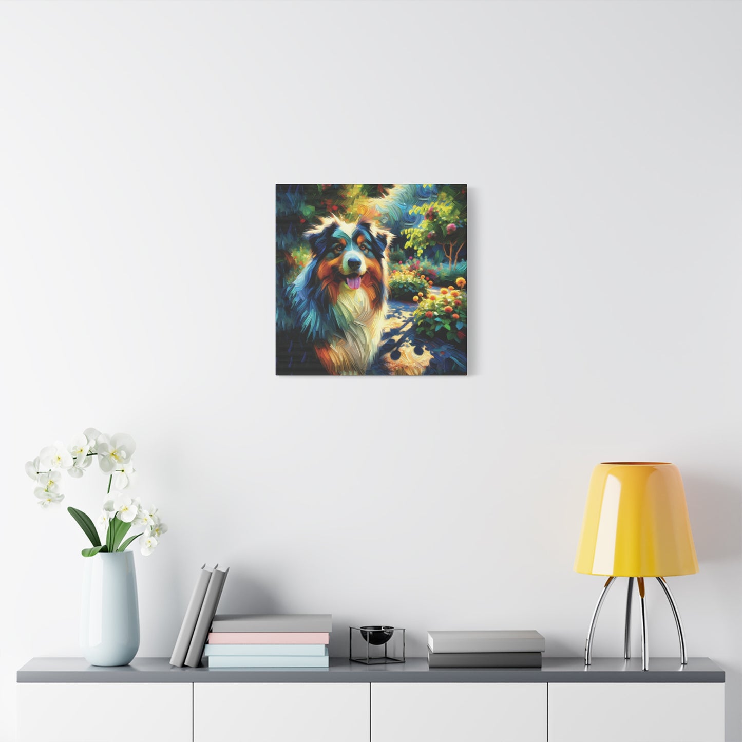 Canvas Wall Art - Australian Shepherd on Garden Path, Contemporary Impressionist Art Print