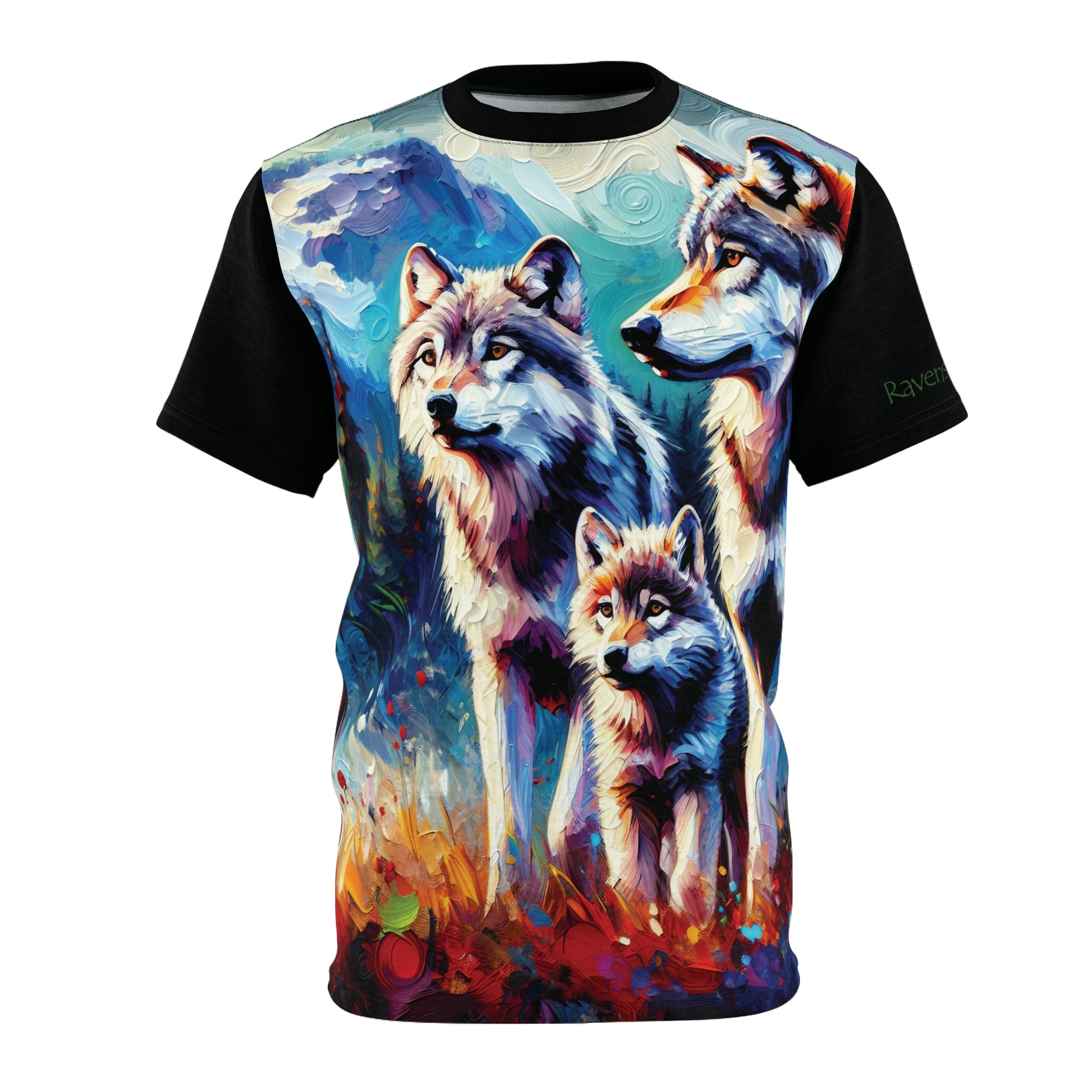 T-shirt with a design of three wolves on a colorful background