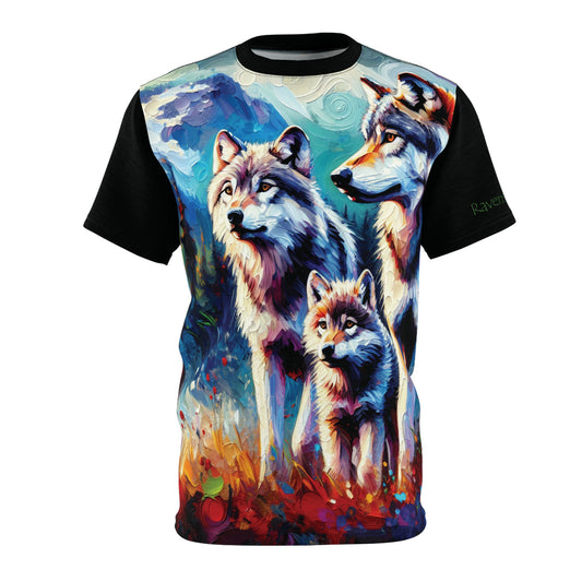 T-shirt with a design of three wolves on a colorful background