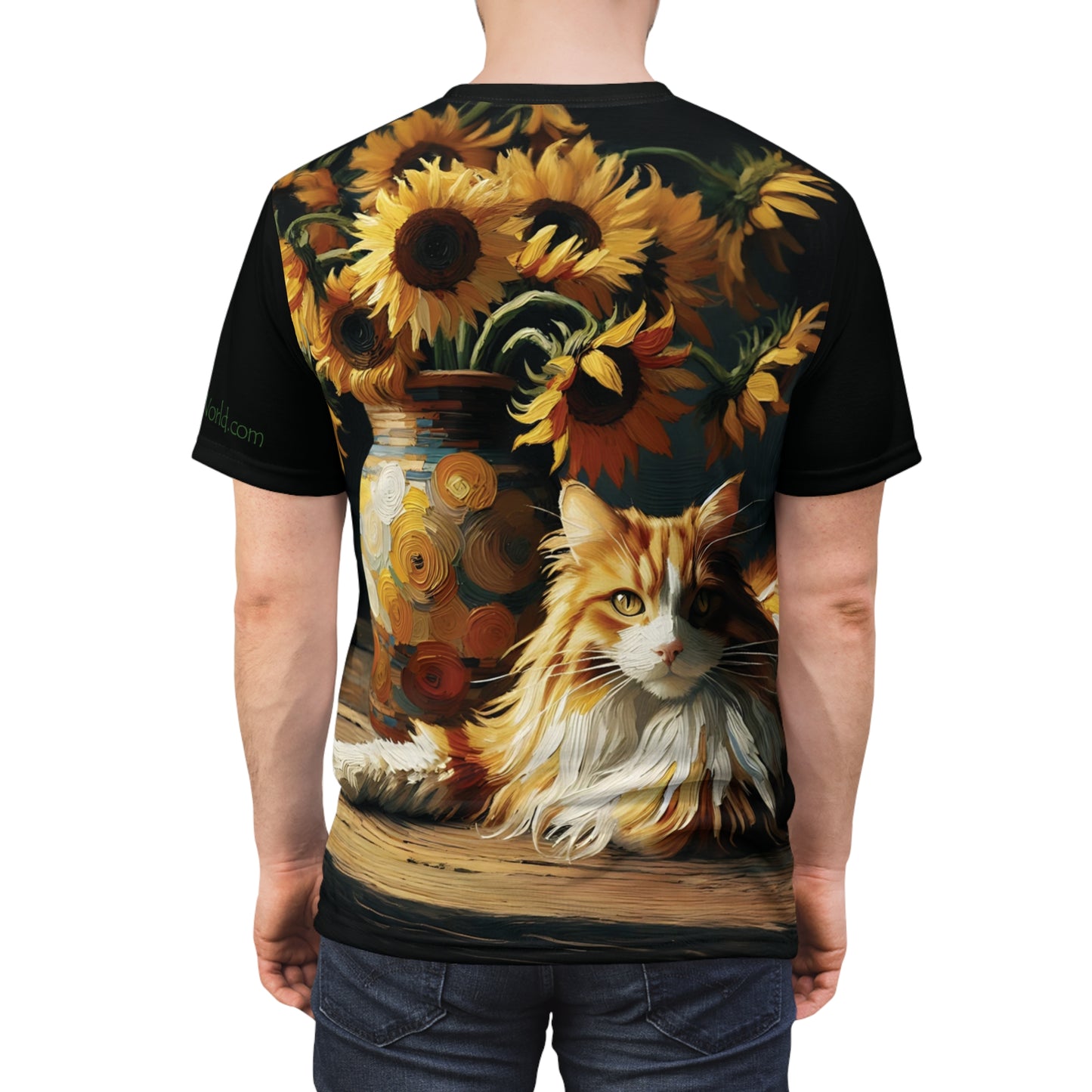 Orange and White Cat with Sunflowers Vibrant Art Tee | Colorful Unisex Cut & Sew T-Shirt, Cat Lover Apparel, Unique Graphic Tee, Birthday Gift