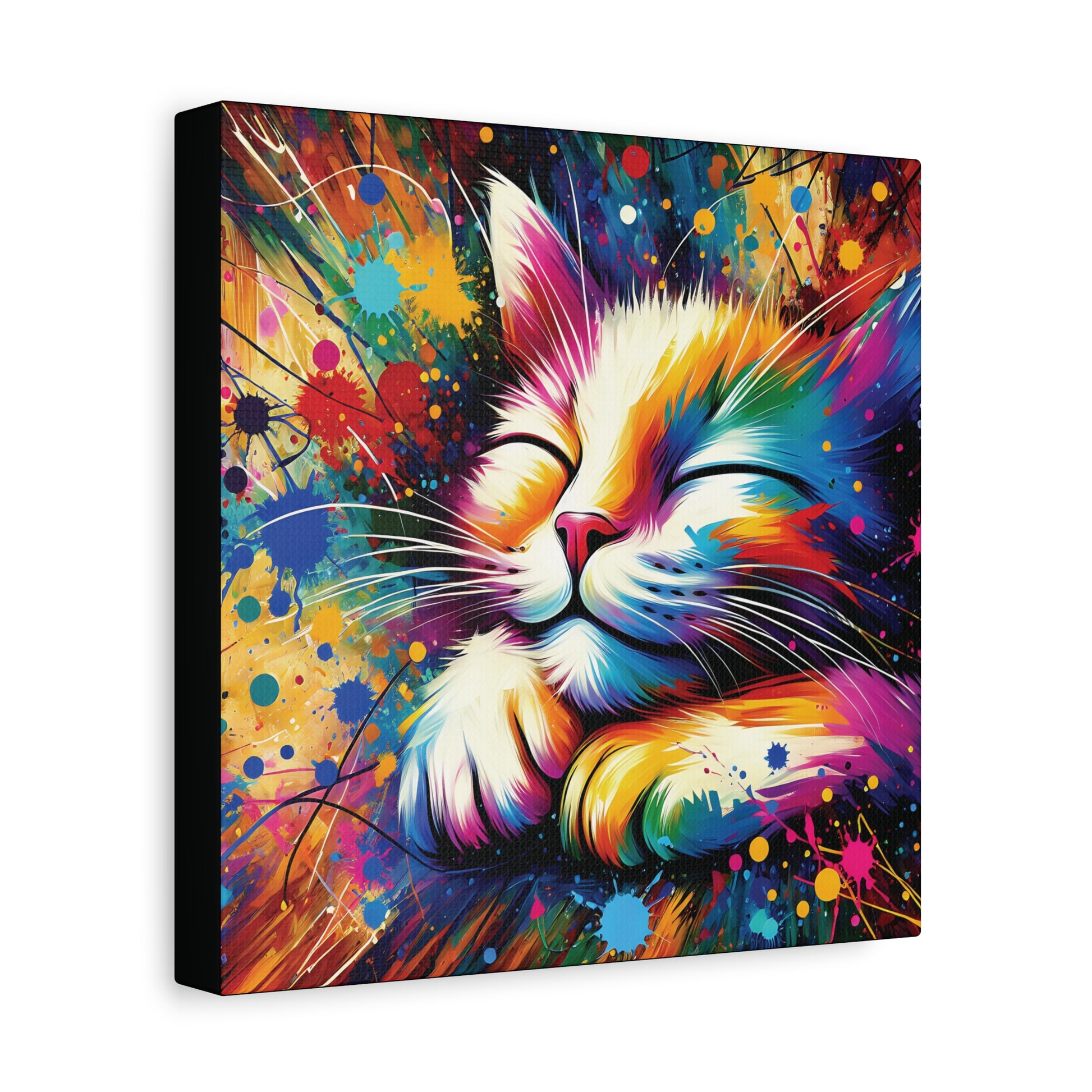 A colorful canvas wall art print of a contented cat with a modern impressionist art style.