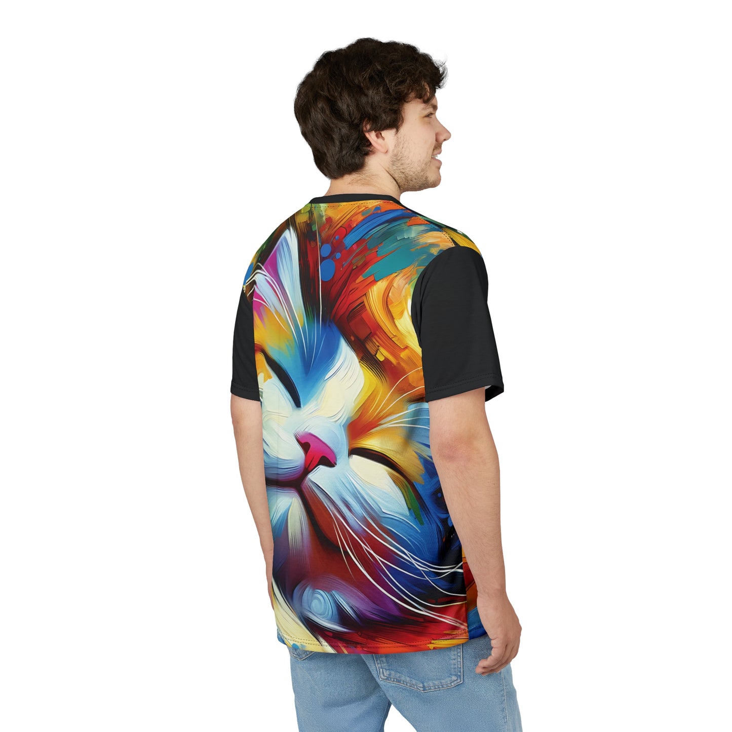 Happy Cat Dreams Vibrant Art Tee | Colorful Unisex Cut & Sew T-Shirt, Wildlife Apparel, Unique Graphic Tee, Birthday Gift