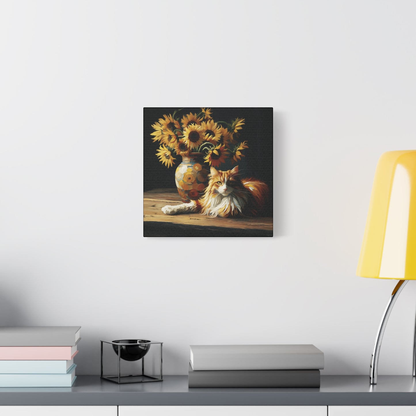 Canvas Wall Art - Orange and White Cat with Sunflowers Old Master Style Art