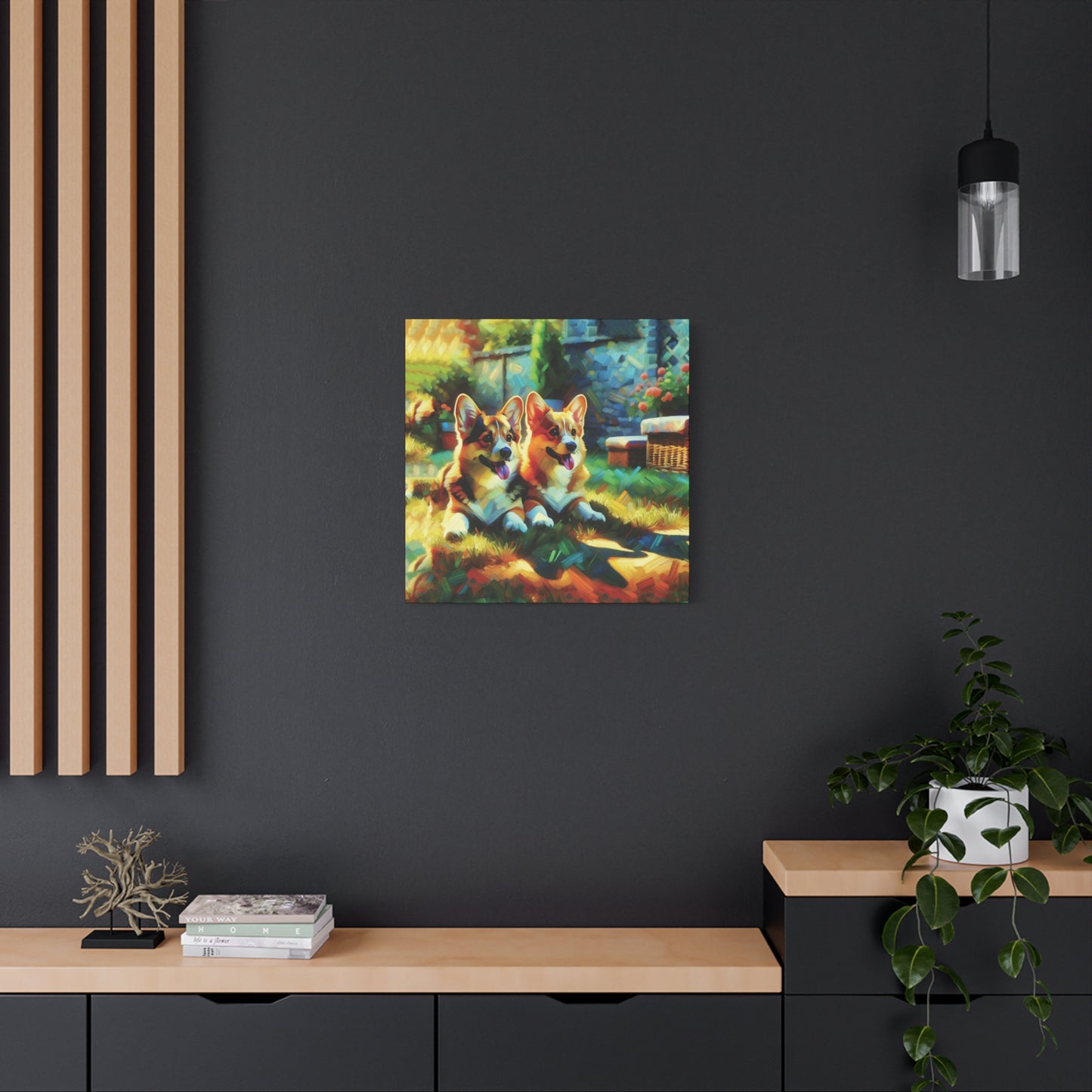 Canvas Wall Art - Pembroke Corgi Pair Resting in Garden - Contemporary Impressionist Print