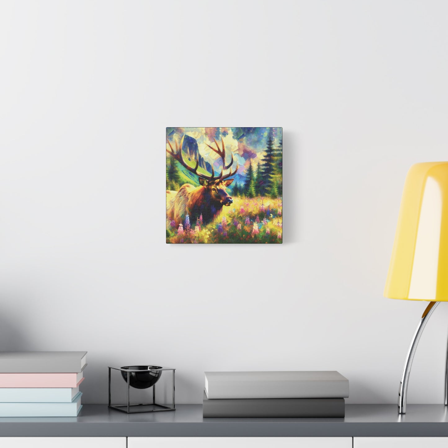 Bull Elk in Mountain Meadow Impressionist Canvas Art Print