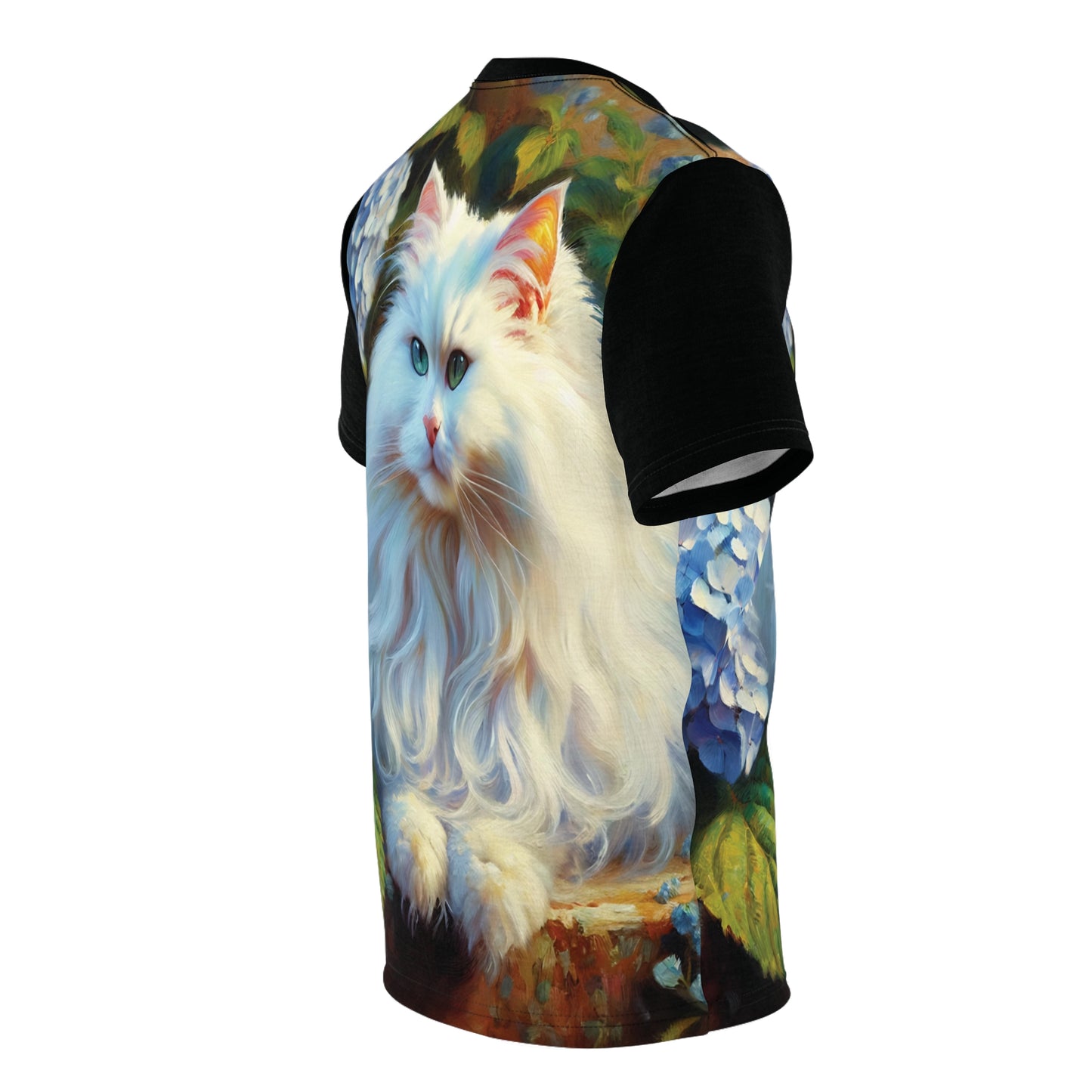 White Cat with Hydrangeas Vibrant Art Tee | Colorful Unisex Cut & Sew T-Shirt, Cat Lover Apparel, Unique Graphic Tee, Birthday Gift