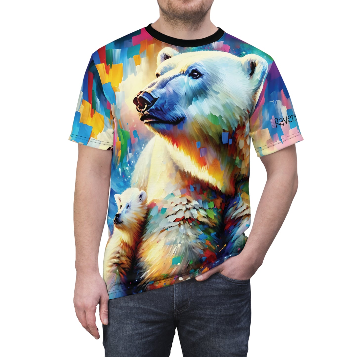 Polar Bear with Cub Vibrant Art Tee | Colorful Unisex Cut & Sew T-Shirt, Wildlife Apparel, Unique Graphic Tee, Birthday Gift