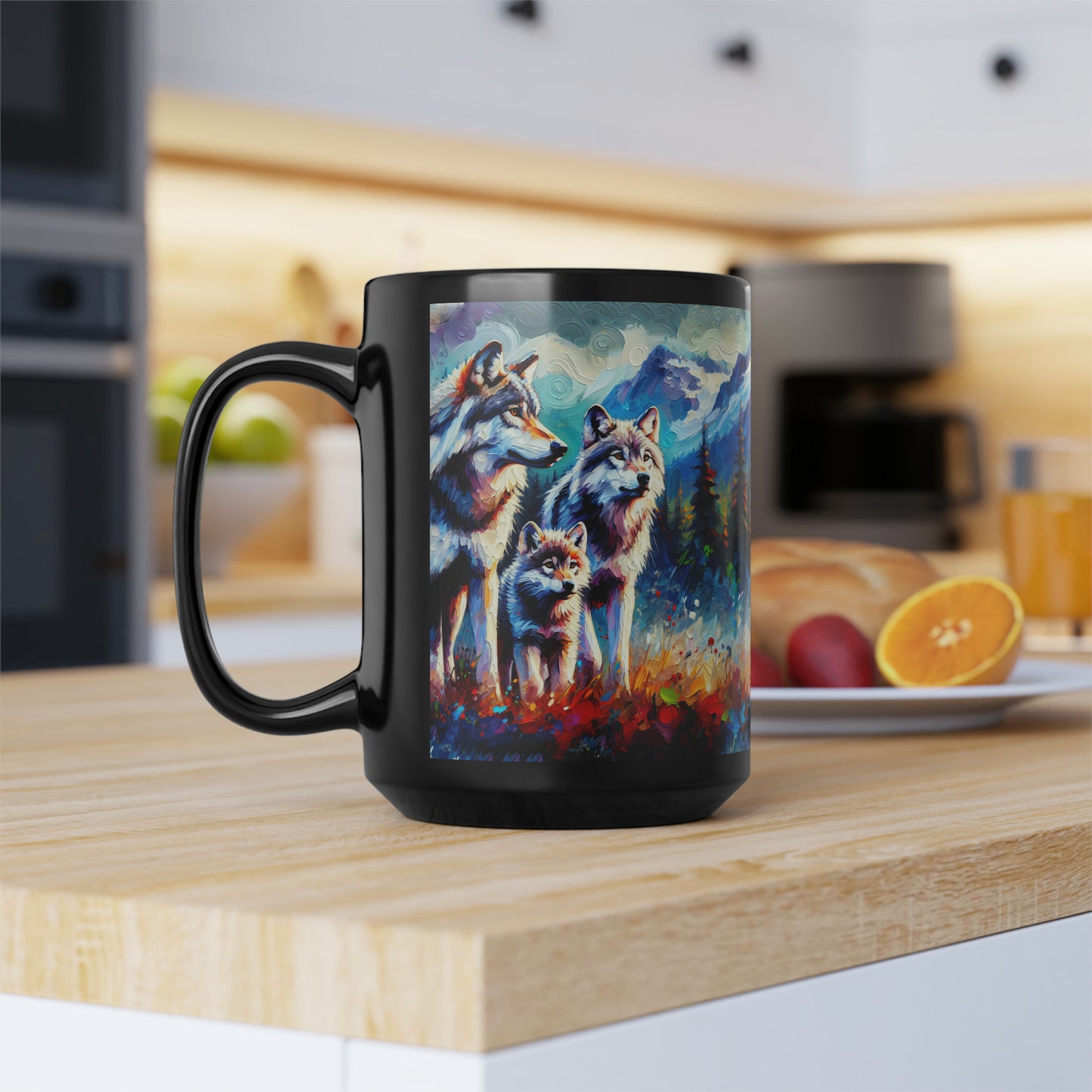 Gray Wolf Family - Black Mugs (11oz, 15oz)