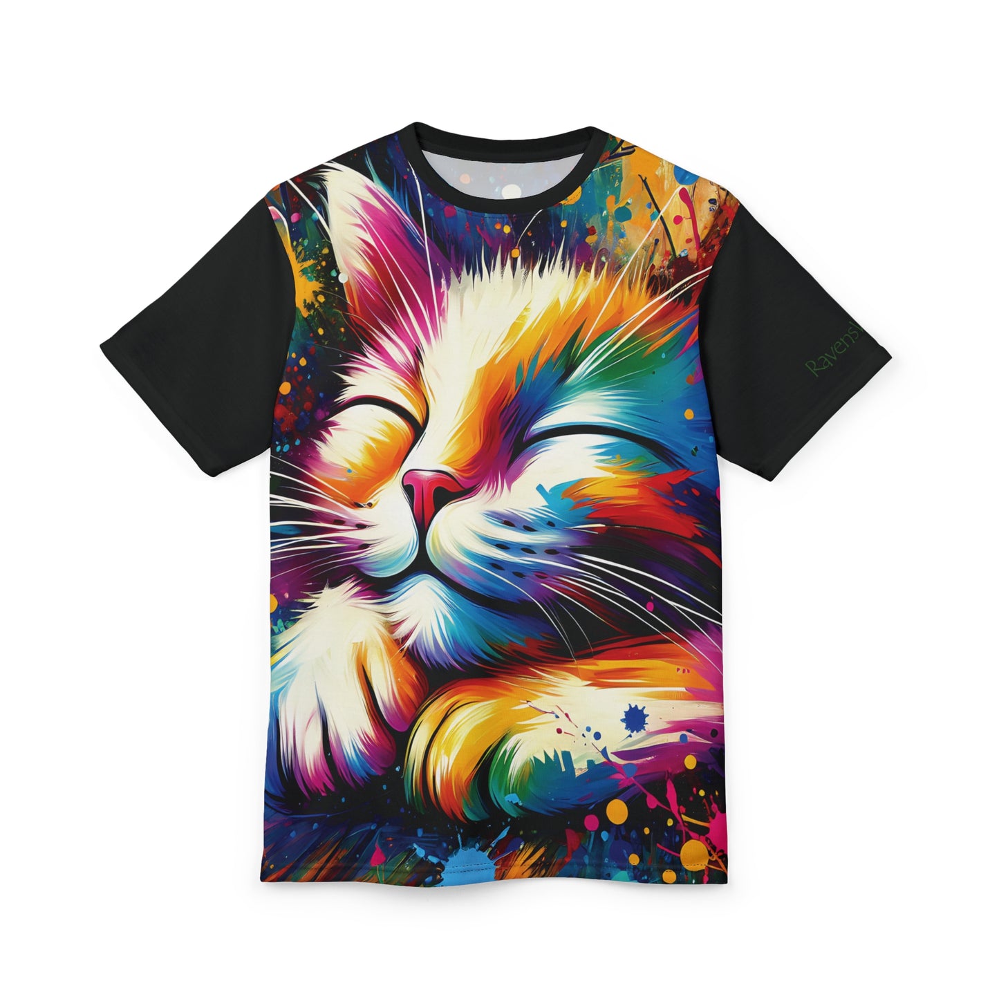 Contented Cat Vibrant Art Tee | Colorful Unisex Cut & Sew T-Shirt, Wildlife Apparel, Unique Graphic Tee, Birthday Gift