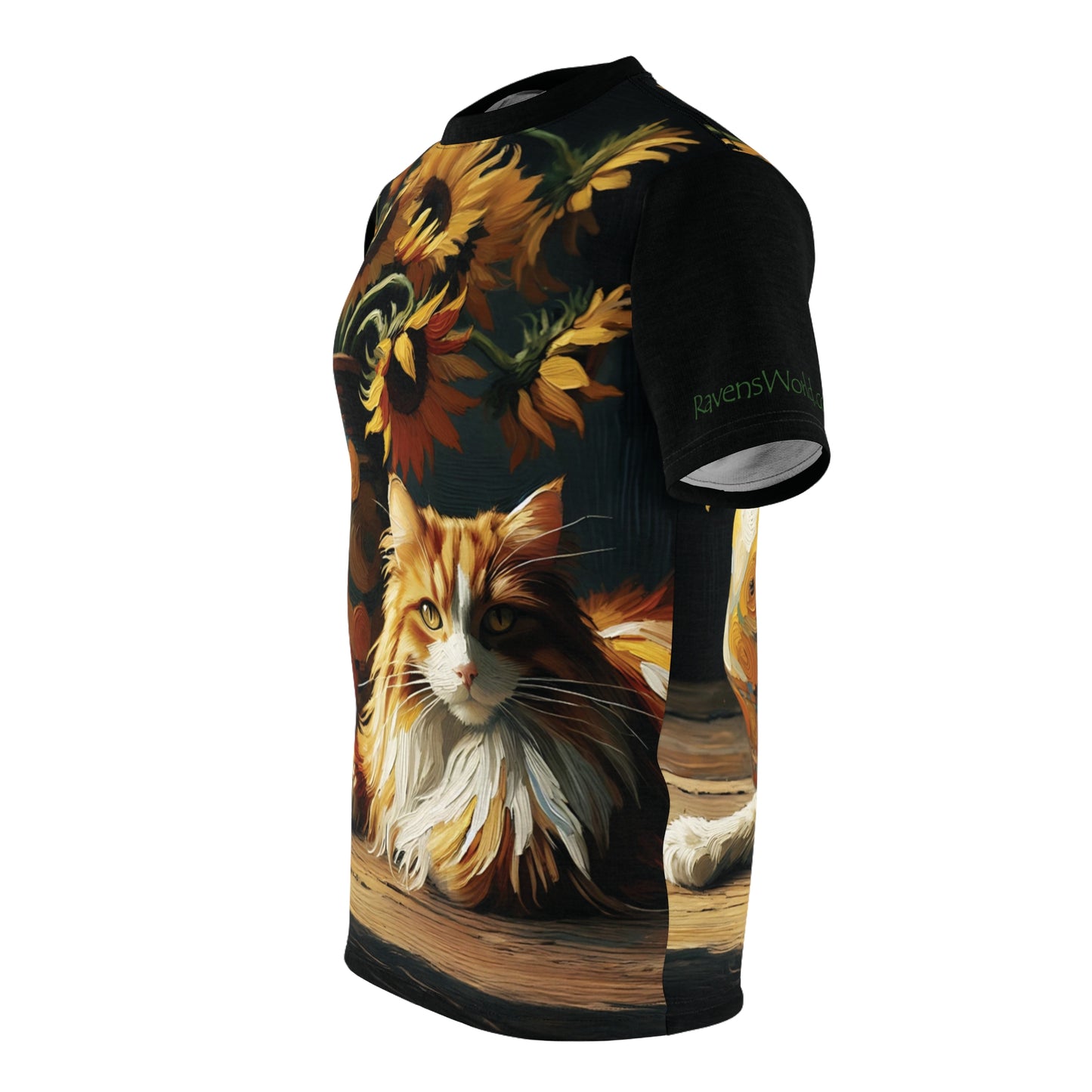 Orange and White Cat with Sunflowers Vibrant Art Tee | Colorful Unisex Cut & Sew T-Shirt, Cat Lover Apparel, Unique Graphic Tee, Birthday Gift