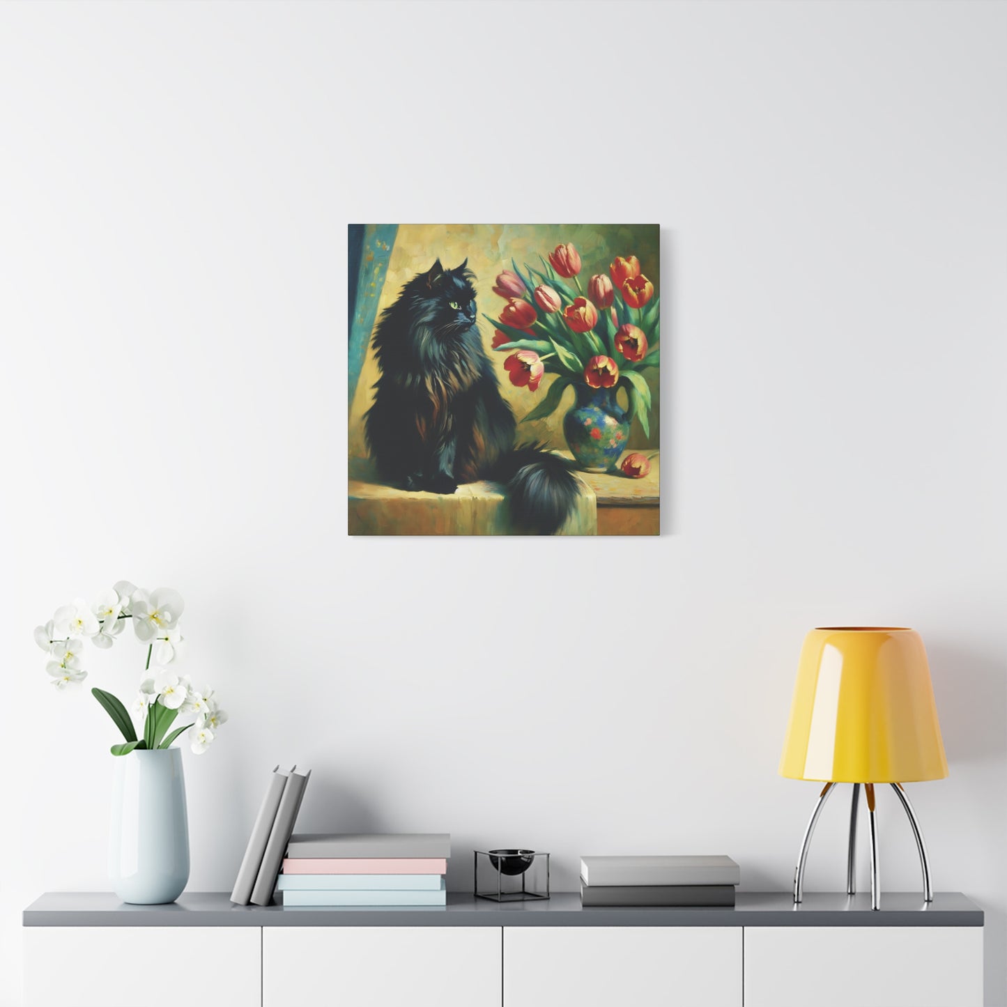 The Artist's Black Cat with Red Tulips - Impressionist Canvas Wall Art