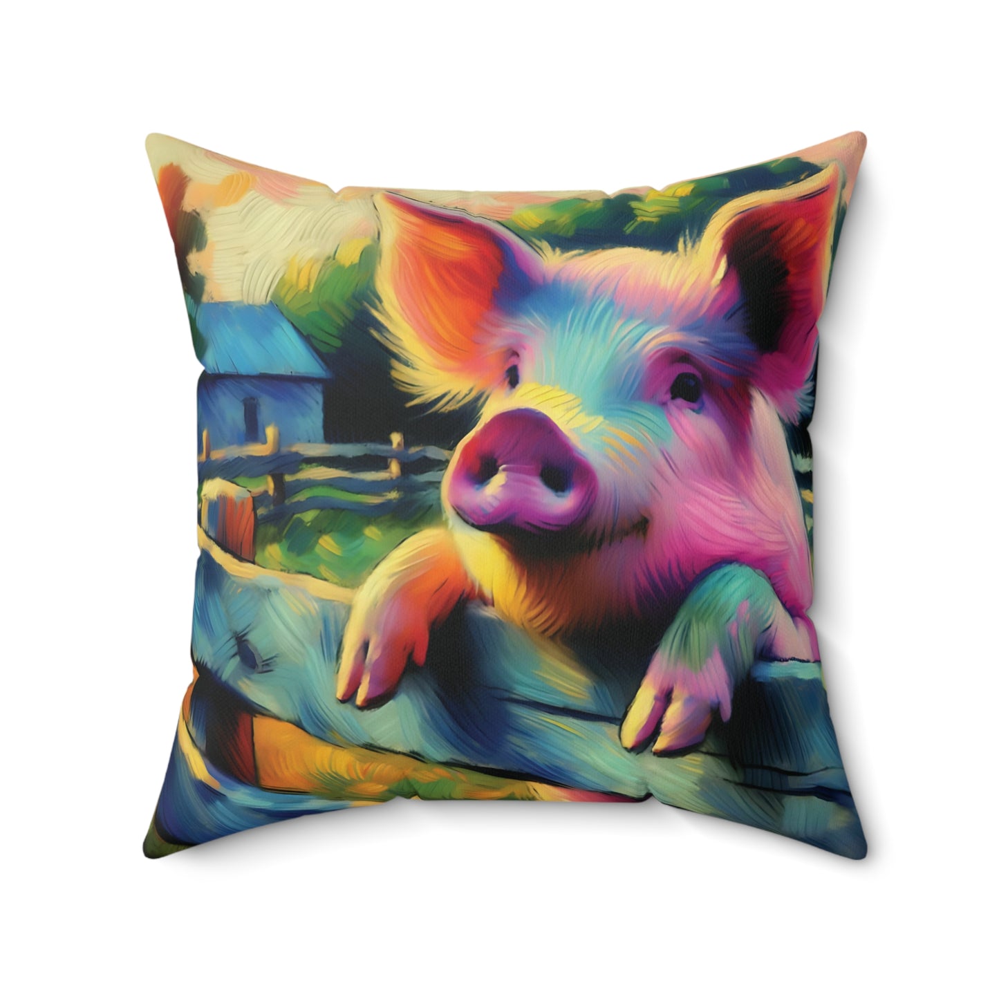 Colorful pillow with a pig design on the farm