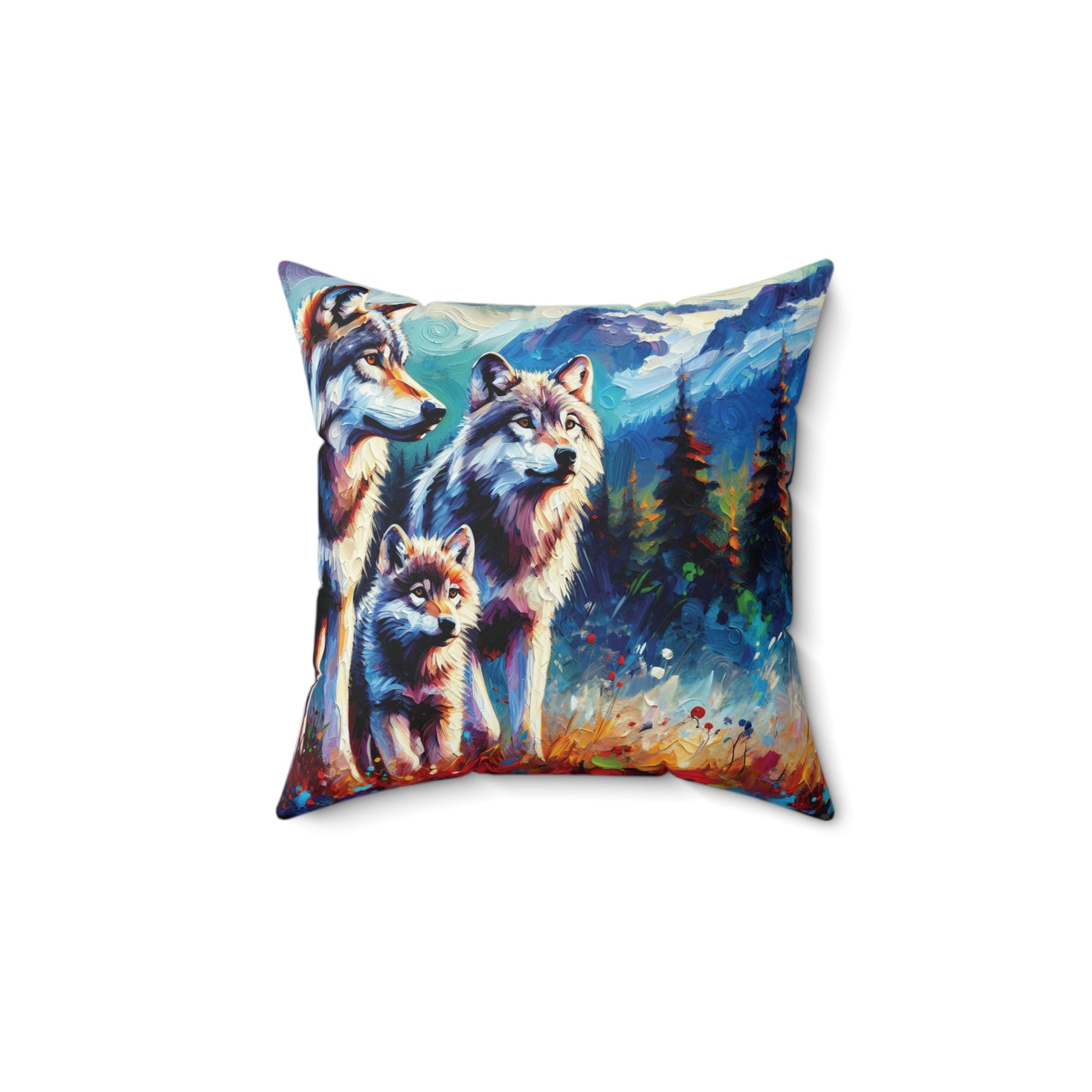 Gray Wolf Family - Square Throw Pillows