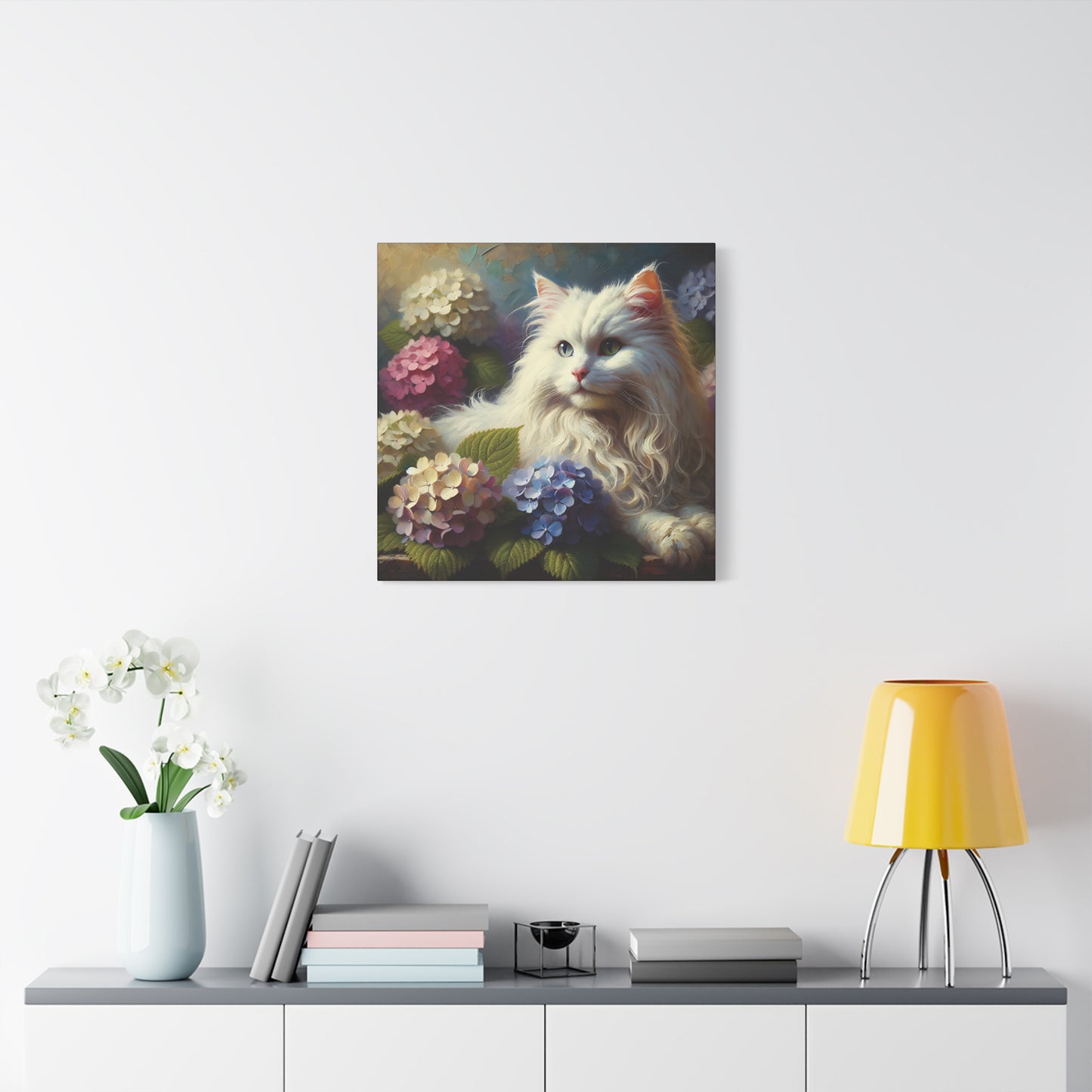 The Artist's White Cat with Hydrangeas, Impressionist Style Canvas Wall Art