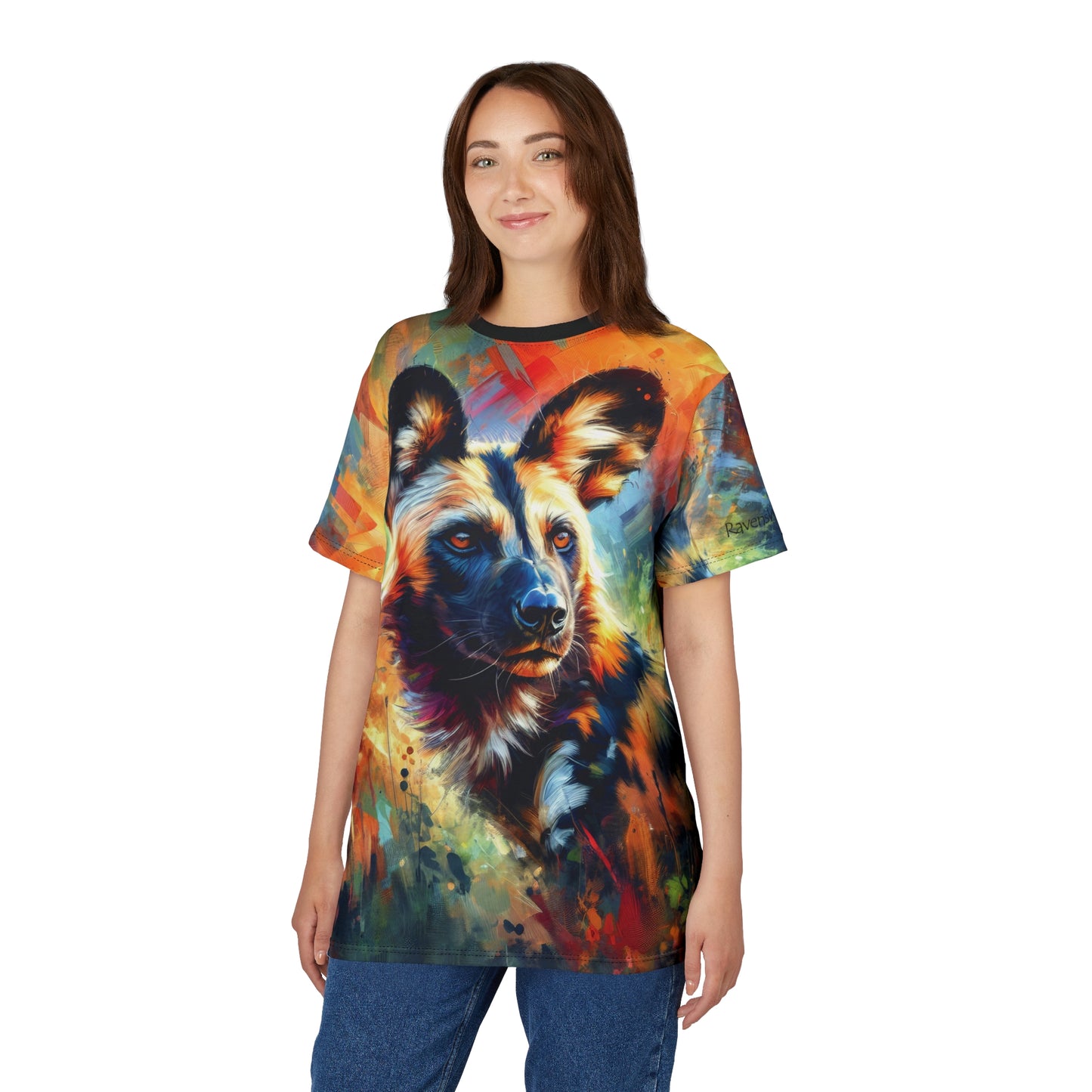 African Wild Dog Portrait Vibrant Art Tee | Colorful Unisex Cut & Sew T-Shirt, Wildlife Apparel, Unique Graphic Tee, Birthday Gift