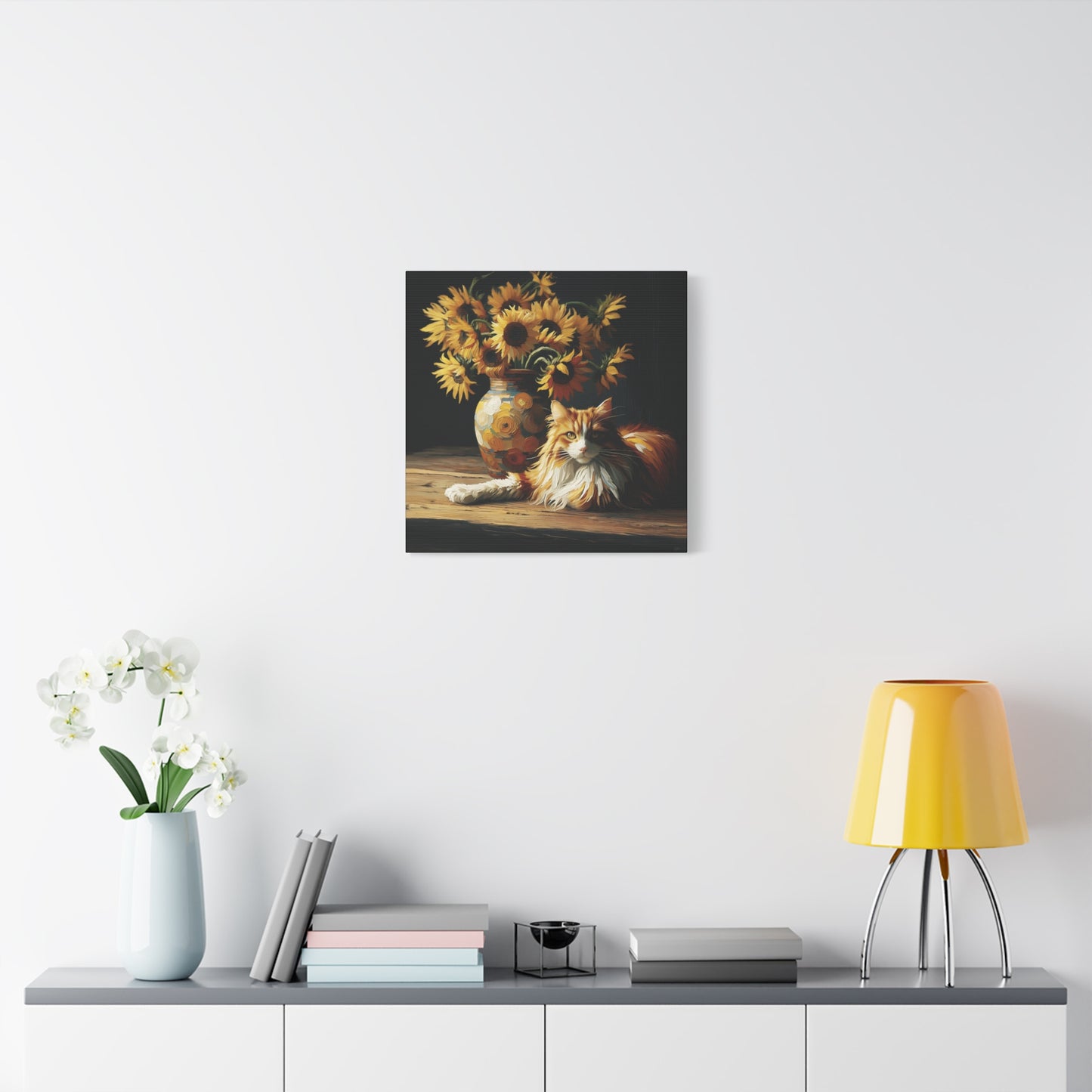 Canvas Wall Art - Orange and White Cat with Sunflowers Old Master Style Art