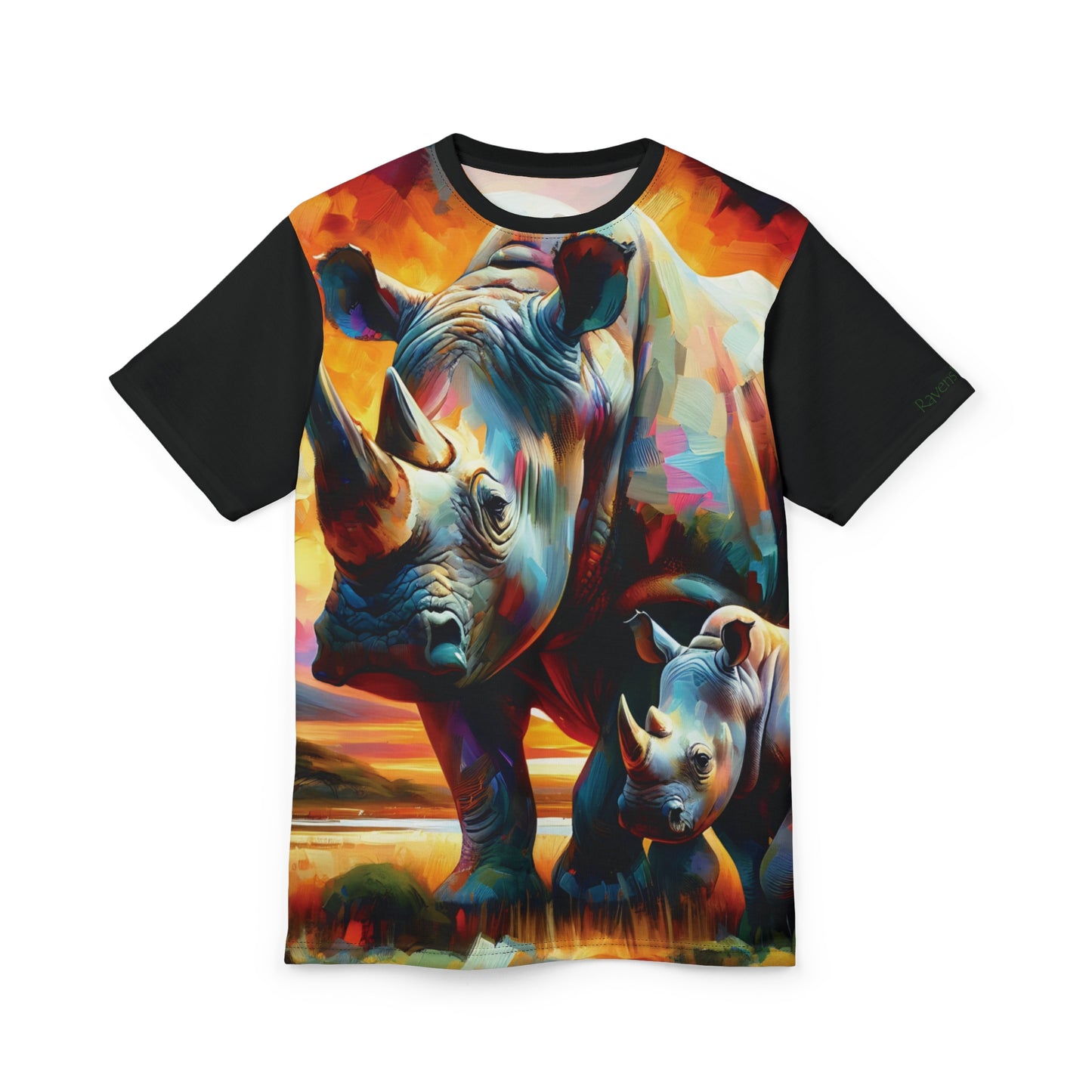 Rhinos at Sunset Art Tee | Colorful Unisex Cut & Sew T-Shirt, Wildlife Apparel, Unique Graphic Tee, Birthday Gift
