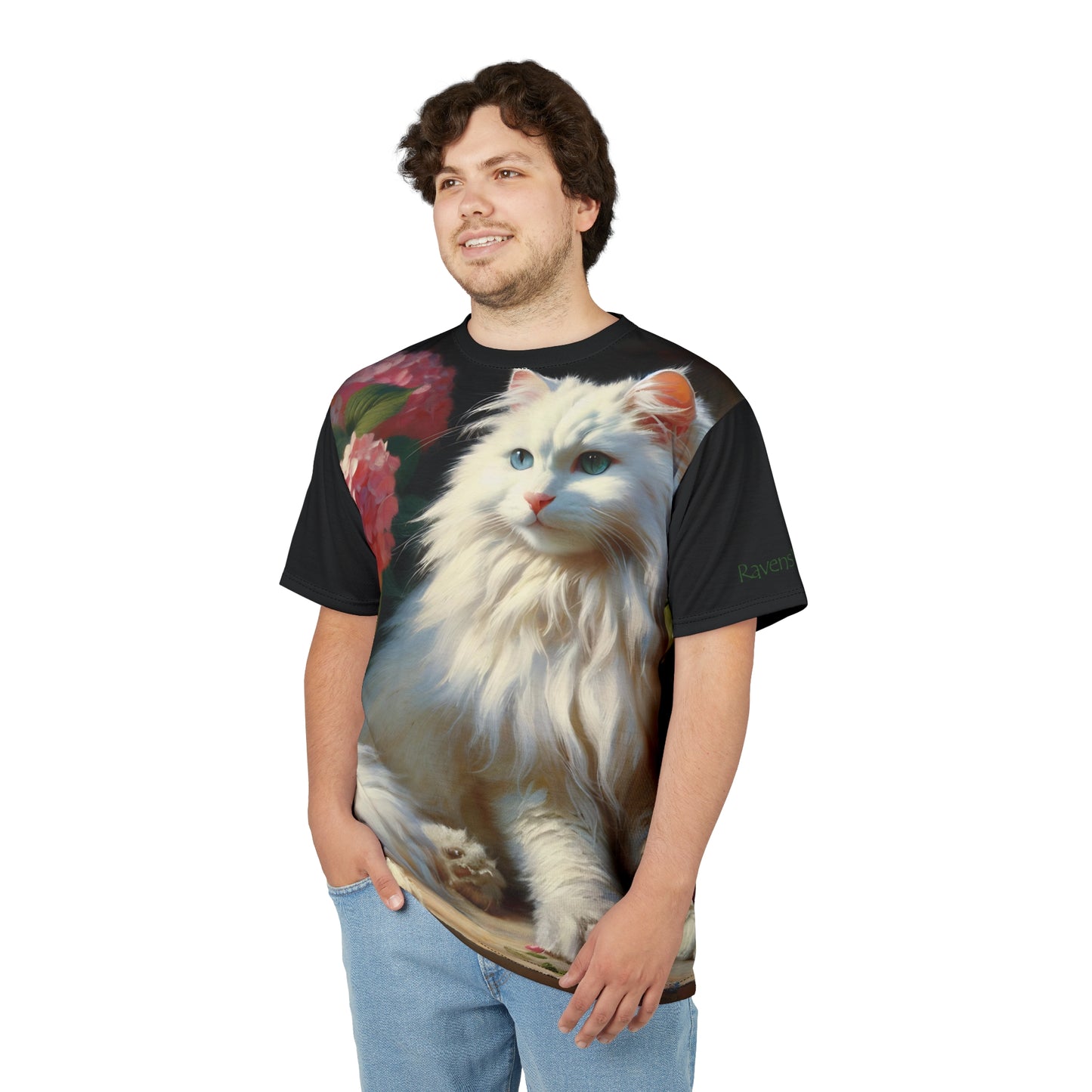 Blue-Eyed White Cat with Pink Hydrangeas Vibrant Art Tee | Colorful Unisex Cut & Sew T-Shirt, Wildlife Apparel, Unique Graphic Tee, Birthday Gift