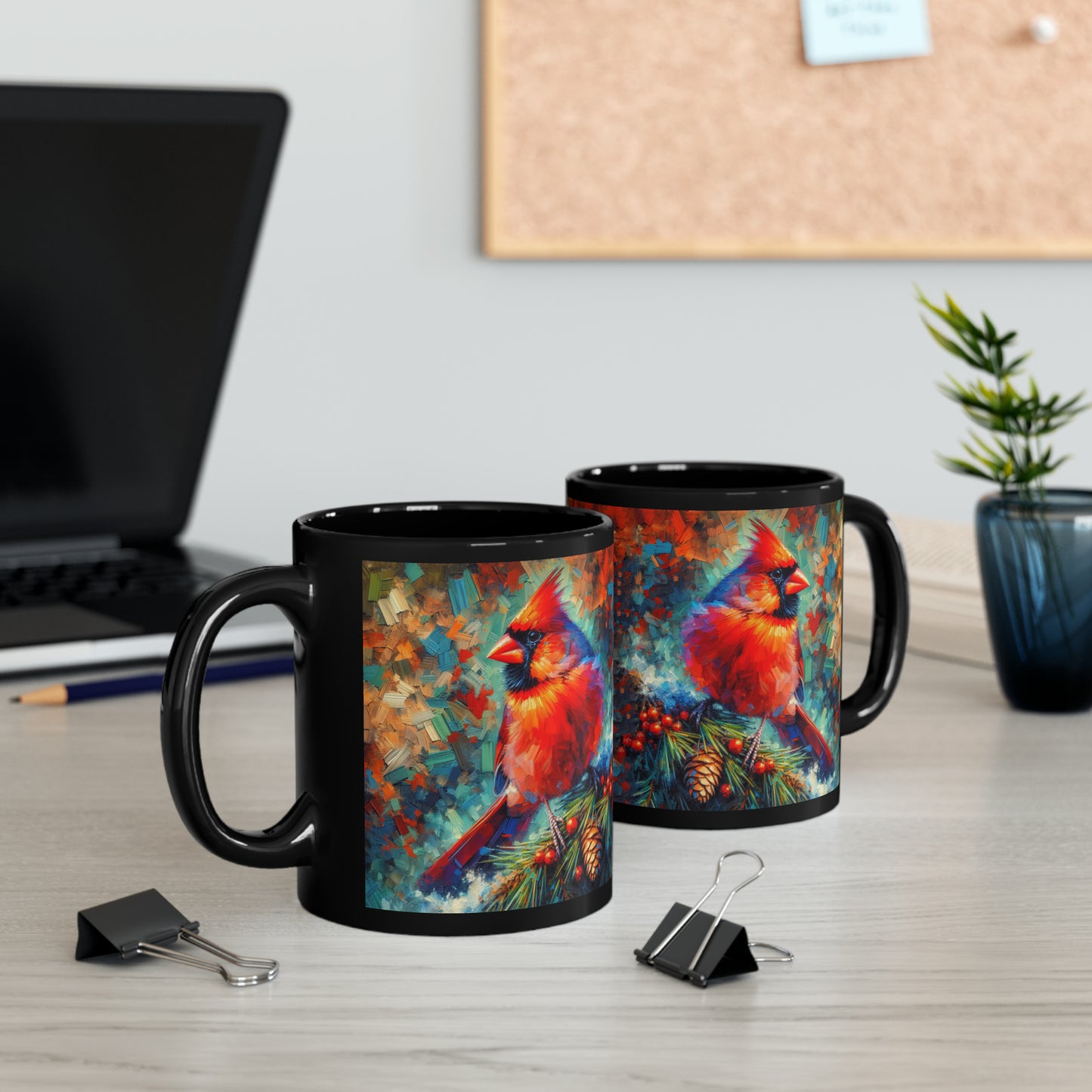 Cardinal with Berries - Black Mugs (11oz, 15oz)
