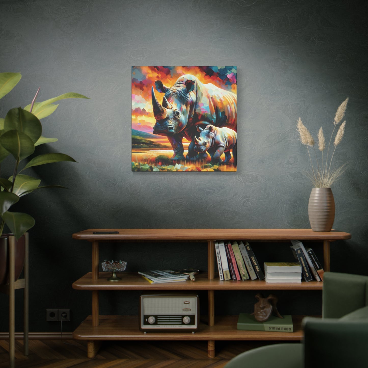 Rhinos at Sunset Expressionist Canvas Art Print