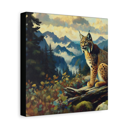 Canvas print of a lynx in a mountainous landscape with trees and rocks.