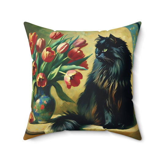 Throw Pillow - Artist's Black Cat with Red Tulips - Cozy Decorative Cushion