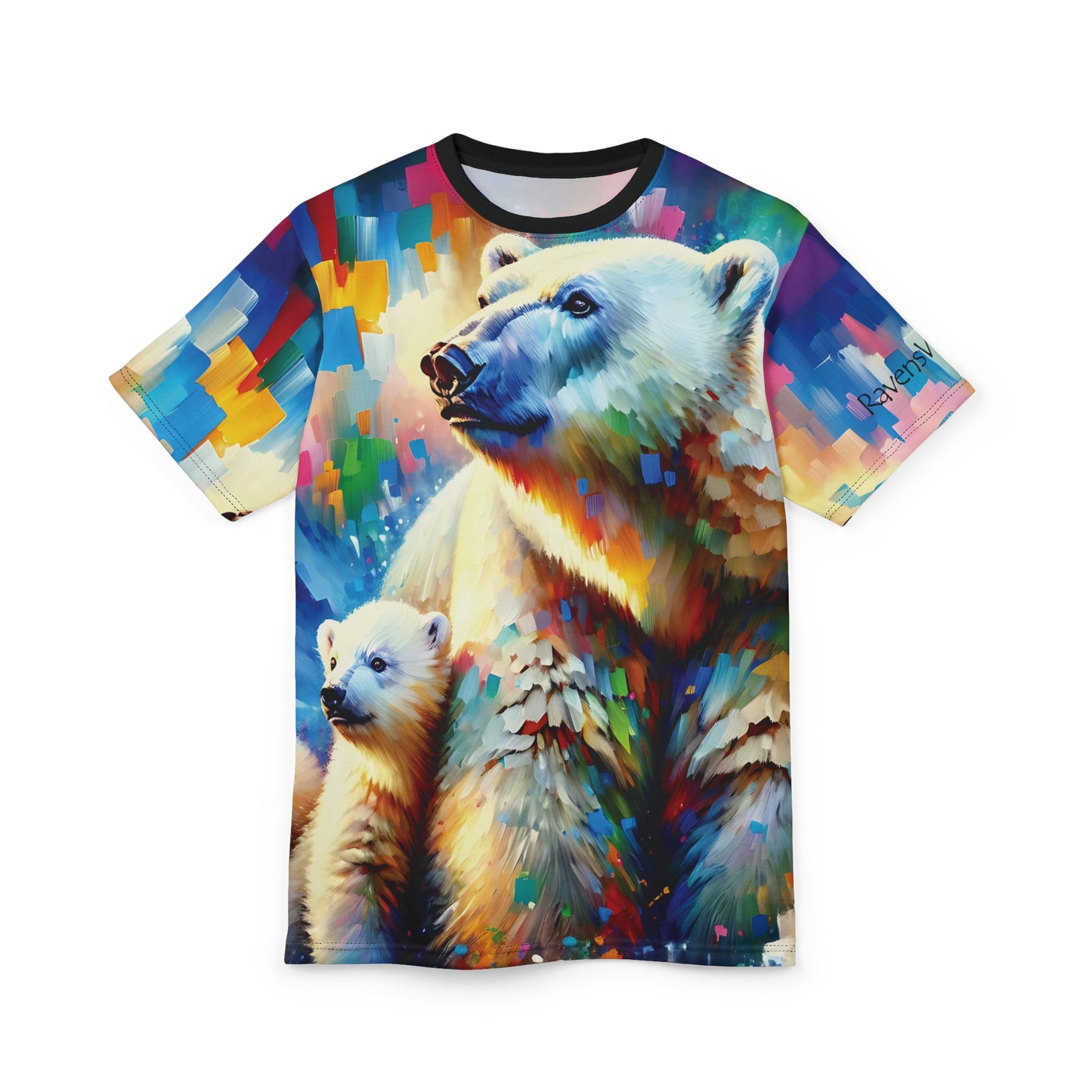 Polar Bear with Cub Vibrant Art Tee | Colorful Unisex Cut & Sew T-Shirt, Wildlife Apparel, Unique Graphic Tee, Birthday Gift
