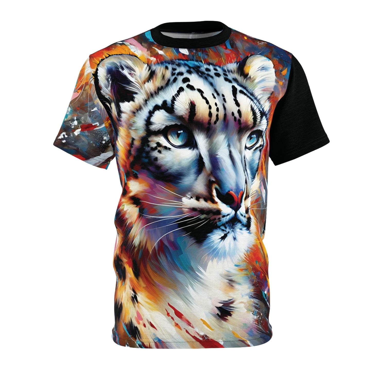 T-shirt with a colorful snow leopard design on a white background