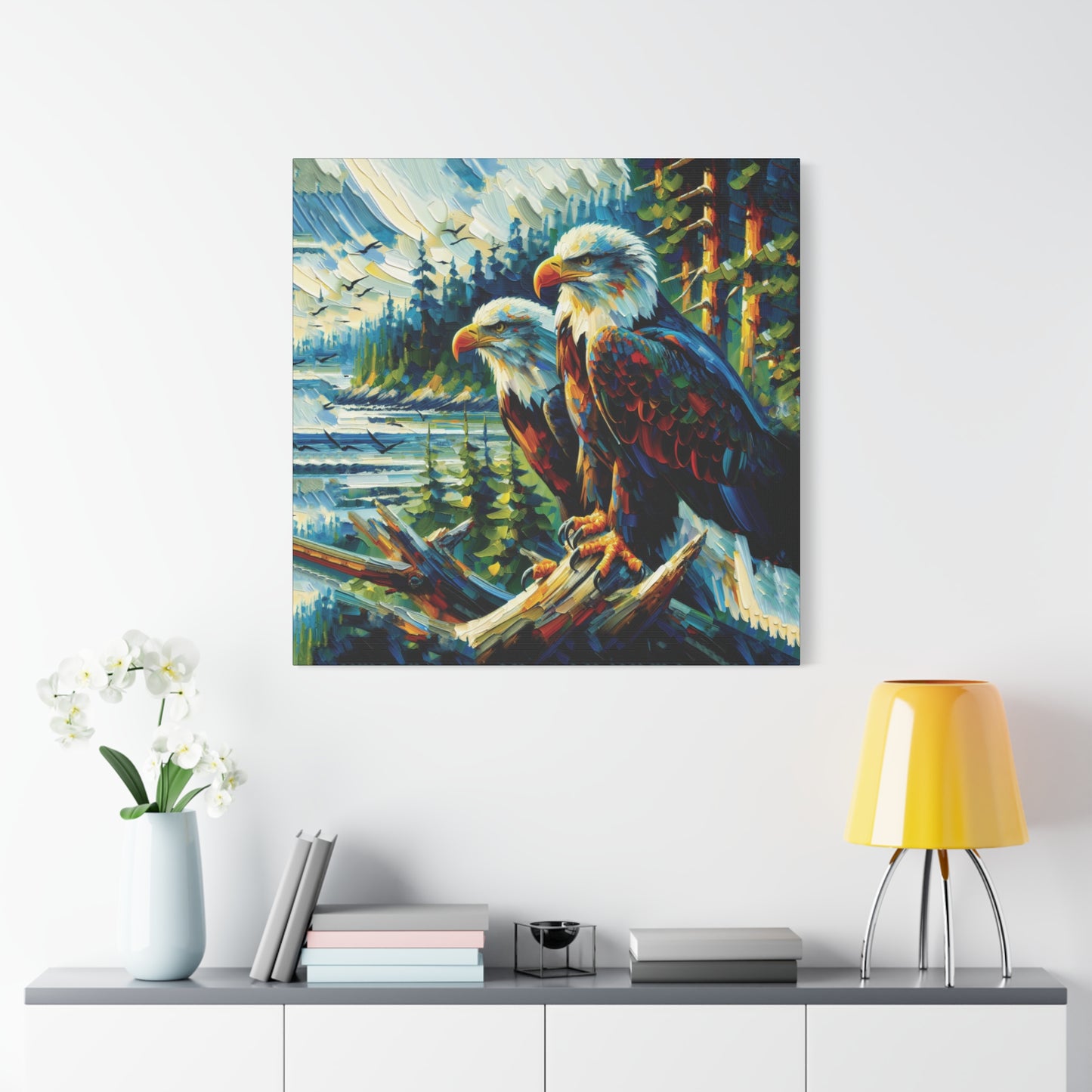 Eagle Pair Near Shore Impressionist Canvas Art Print