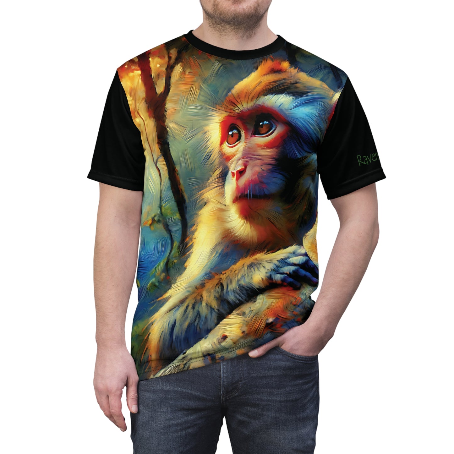 Monkey Vibrant Art Tee | Rhesus Macaque Colorful Unisex Cut & Sew T-Shirt, Wildlife Apparel, Unique Graphic Tee