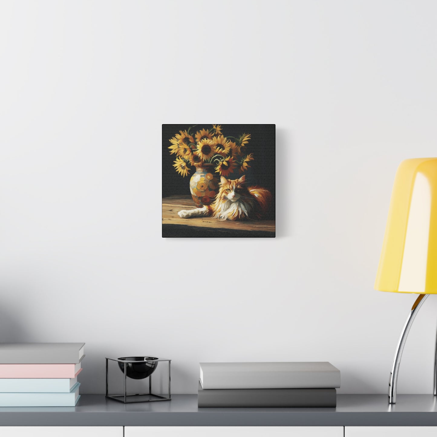 Canvas Wall Art - Orange and White Cat with Sunflowers Old Master Style Art