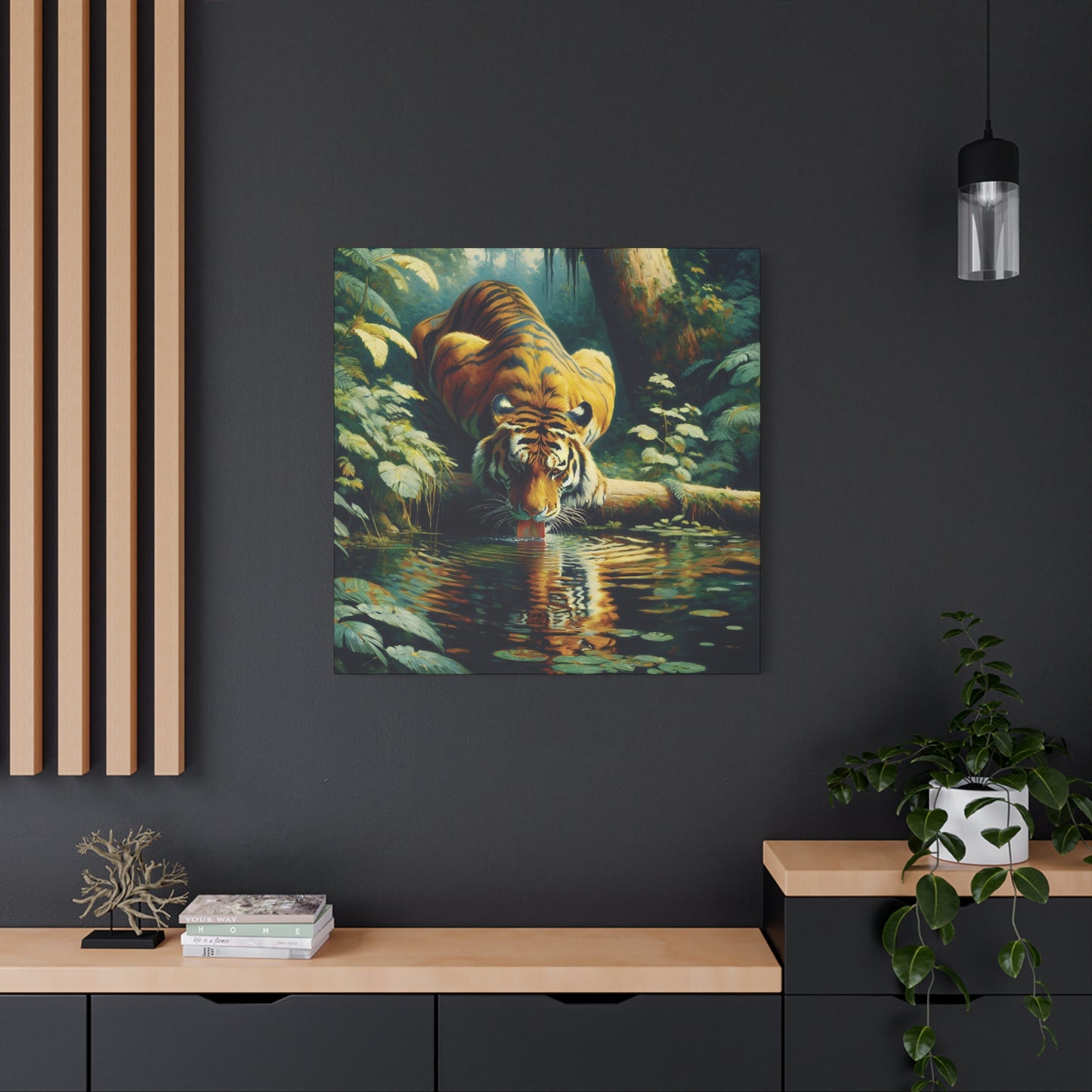 Tiger at Pond Impressionist Canvas Art Print
