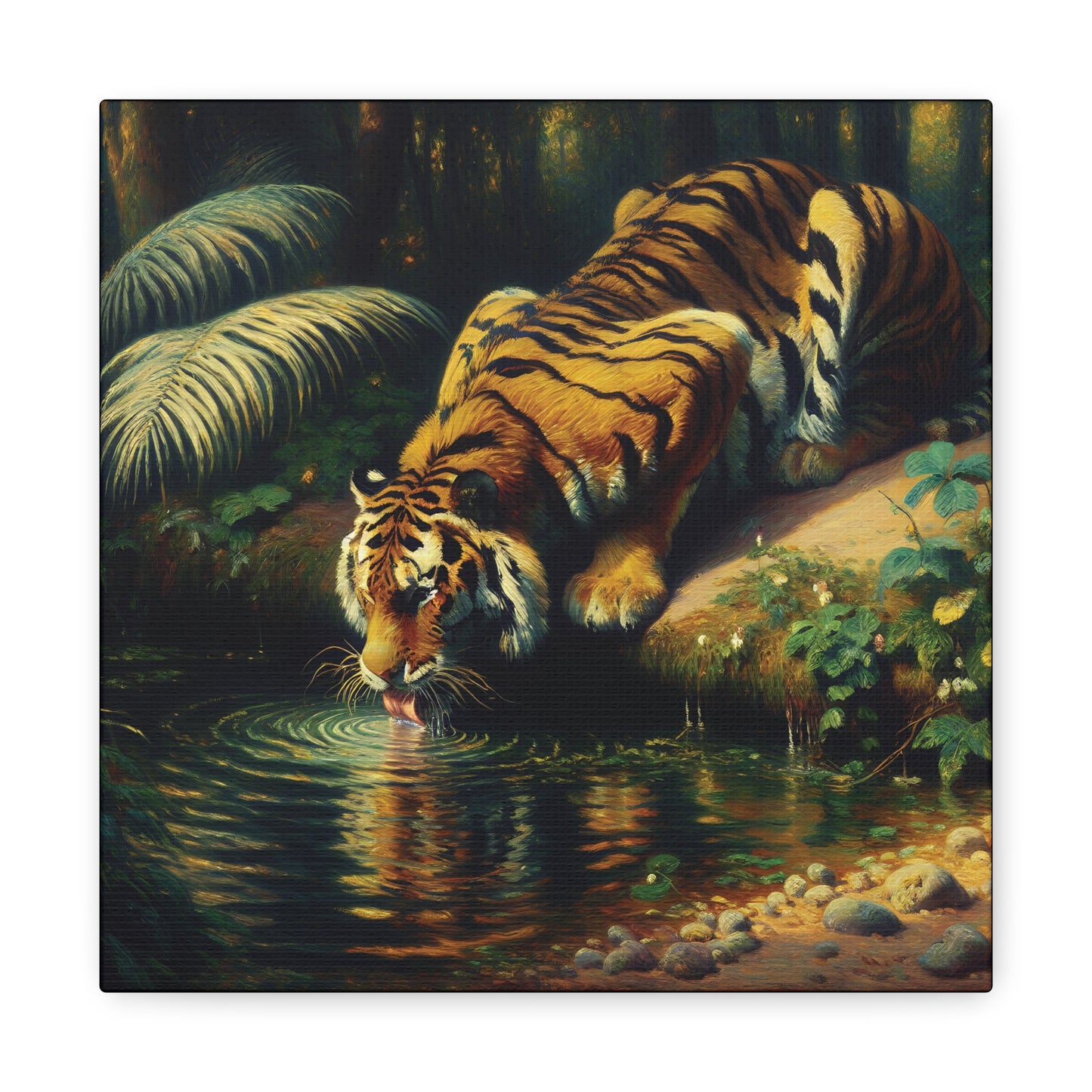 Tiger Drinking Impressionist Canvas Art Print