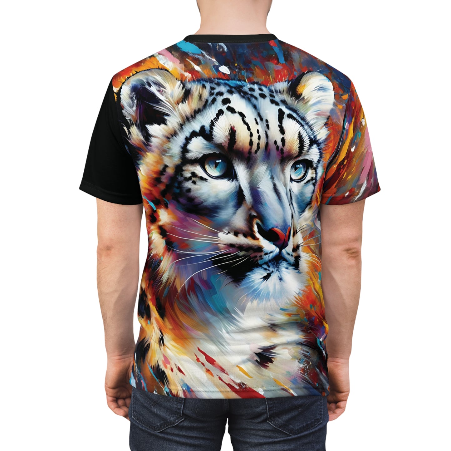 Colorful Snow Leopard Vibrant Art Tee | Colorful Unisex Cut & Sew T-Shirt, Wildlife Apparel, Unique Graphic Tee, Birthday Gift