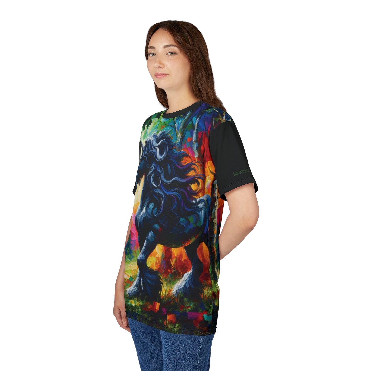 Elegant Black Stallion Unicorn Art Tee | Colorful Unisex Cut & Sew T-Shirt, Wildlife Apparel, Unique Graphic Tee