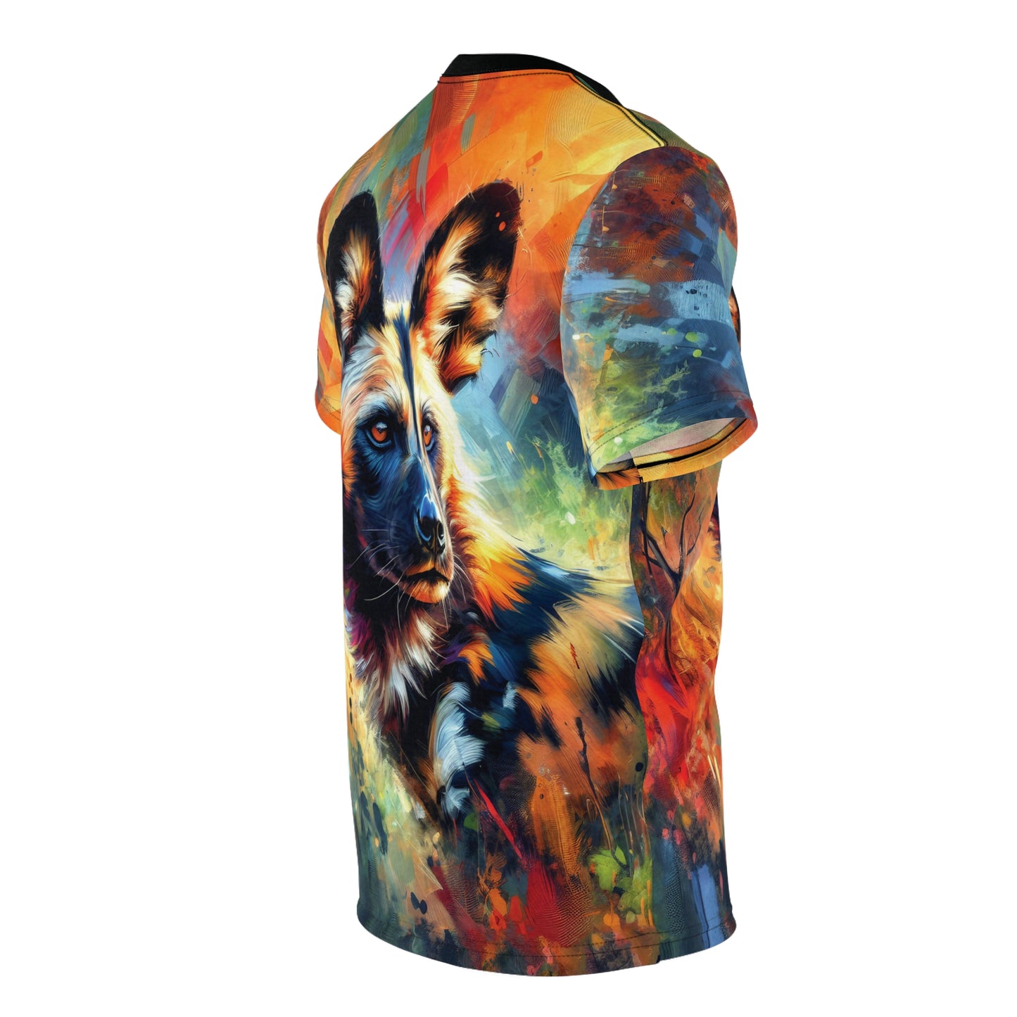 African Wild Dog Portrait Vibrant Art Tee | Colorful Unisex Cut & Sew T-Shirt, Wildlife Apparel, Unique Graphic Tee, Birthday Gift