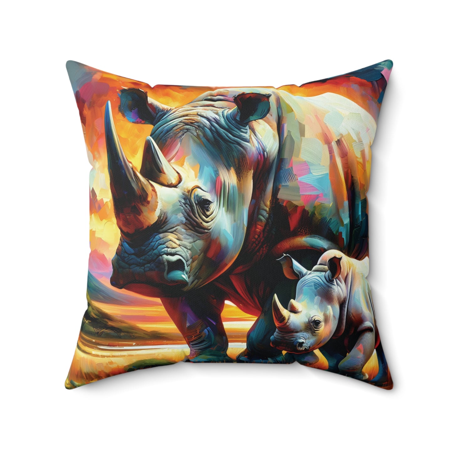Rhino Throw Pillow - Rhinos at Sunset Expressionist Style Art on Faux Suede Square Pillow
