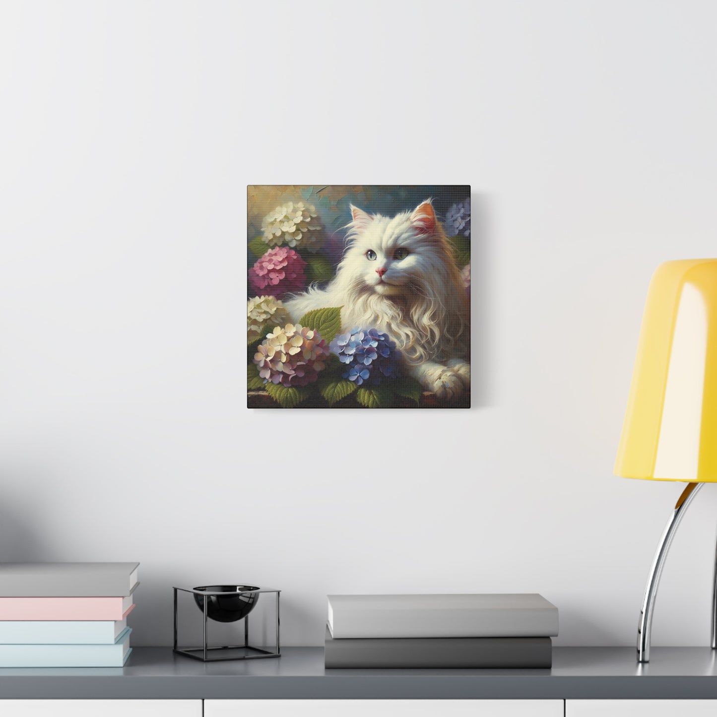 The Artist's White Cat with Hydrangeas, Impressionist Style Canvas Wall Art