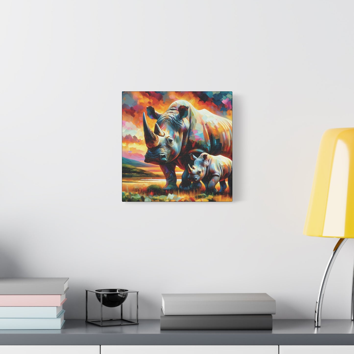 Rhinos at Sunset Expressionist Canvas Art Print