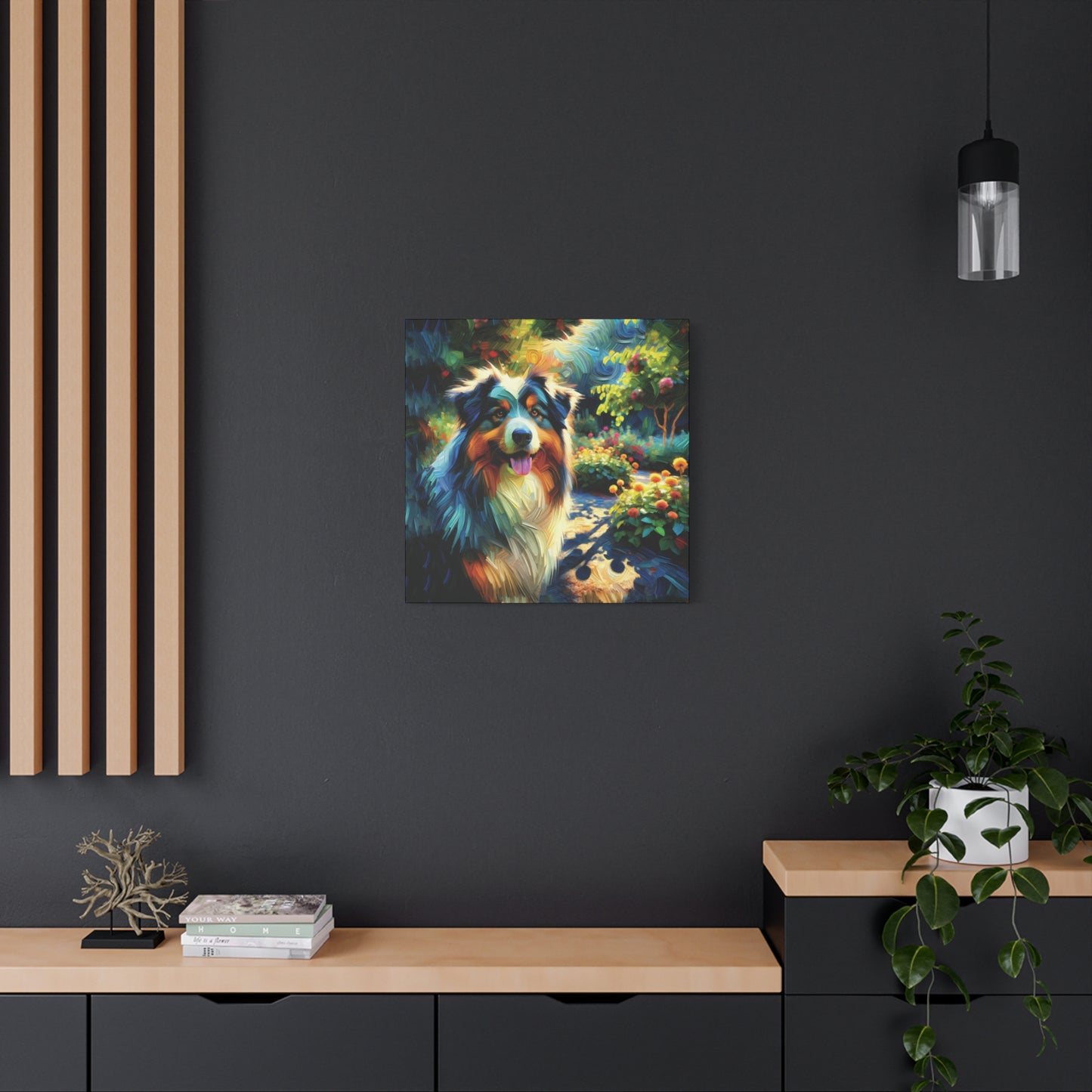Canvas Wall Art - Australian Shepherd on Garden Path, Contemporary Impressionist Art Print